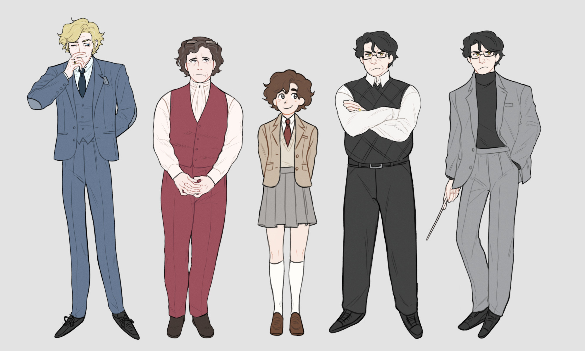 A lineup of my main characters. From left to right: Lukas, Johannes, Greta, and two versions of Florian (one older, one younger).