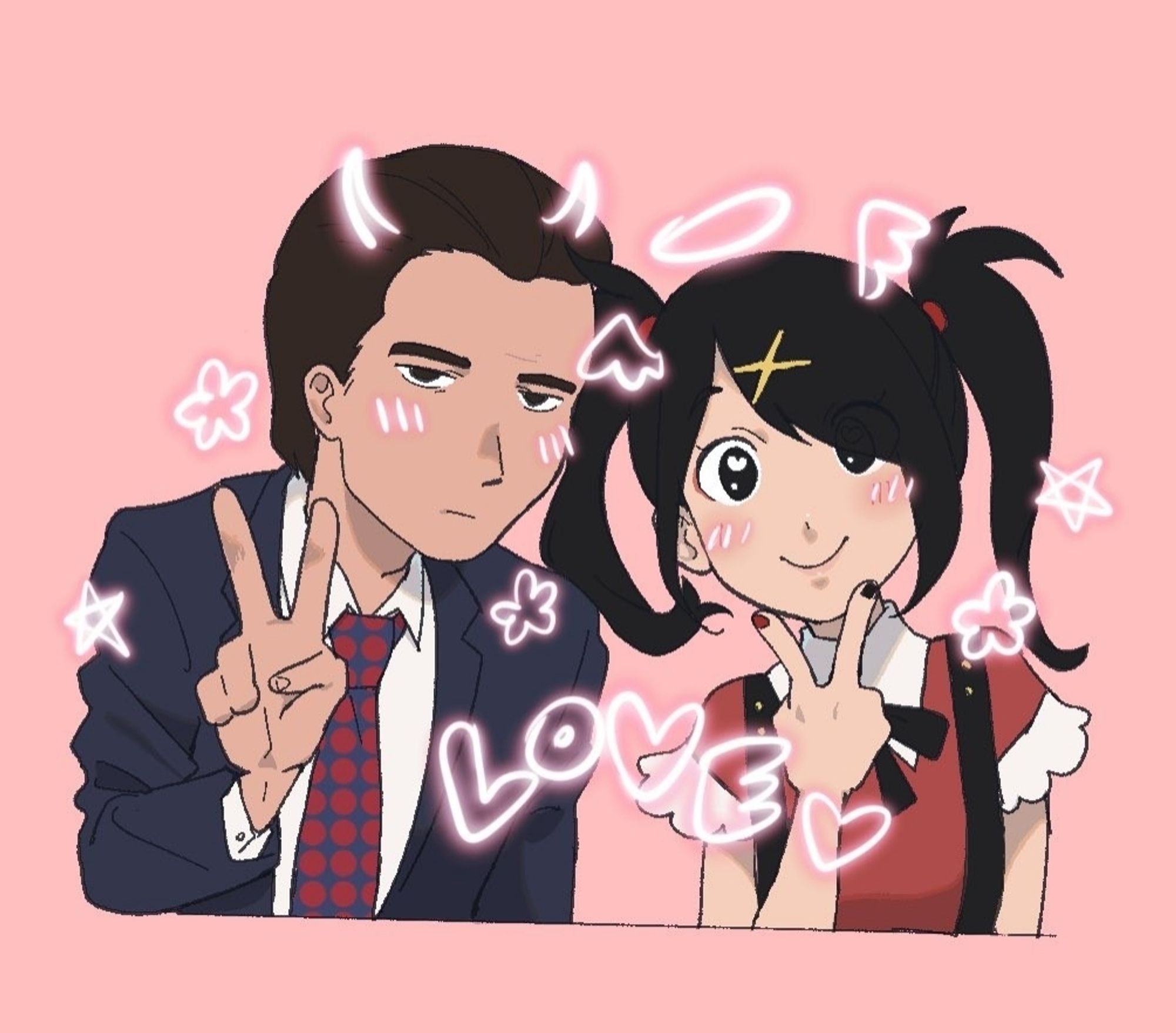 Patrick Bateman making a peace sign with a neutral face. Ame from Needy Girl Overdose is next to him, smiling cutely and also making a peace sign. There are cute purikura type doodles on them: devil horns on Bateman, halo and wings on Ame, and flowers and stars surrounding them. 
"LOVE" is written at the bottom.