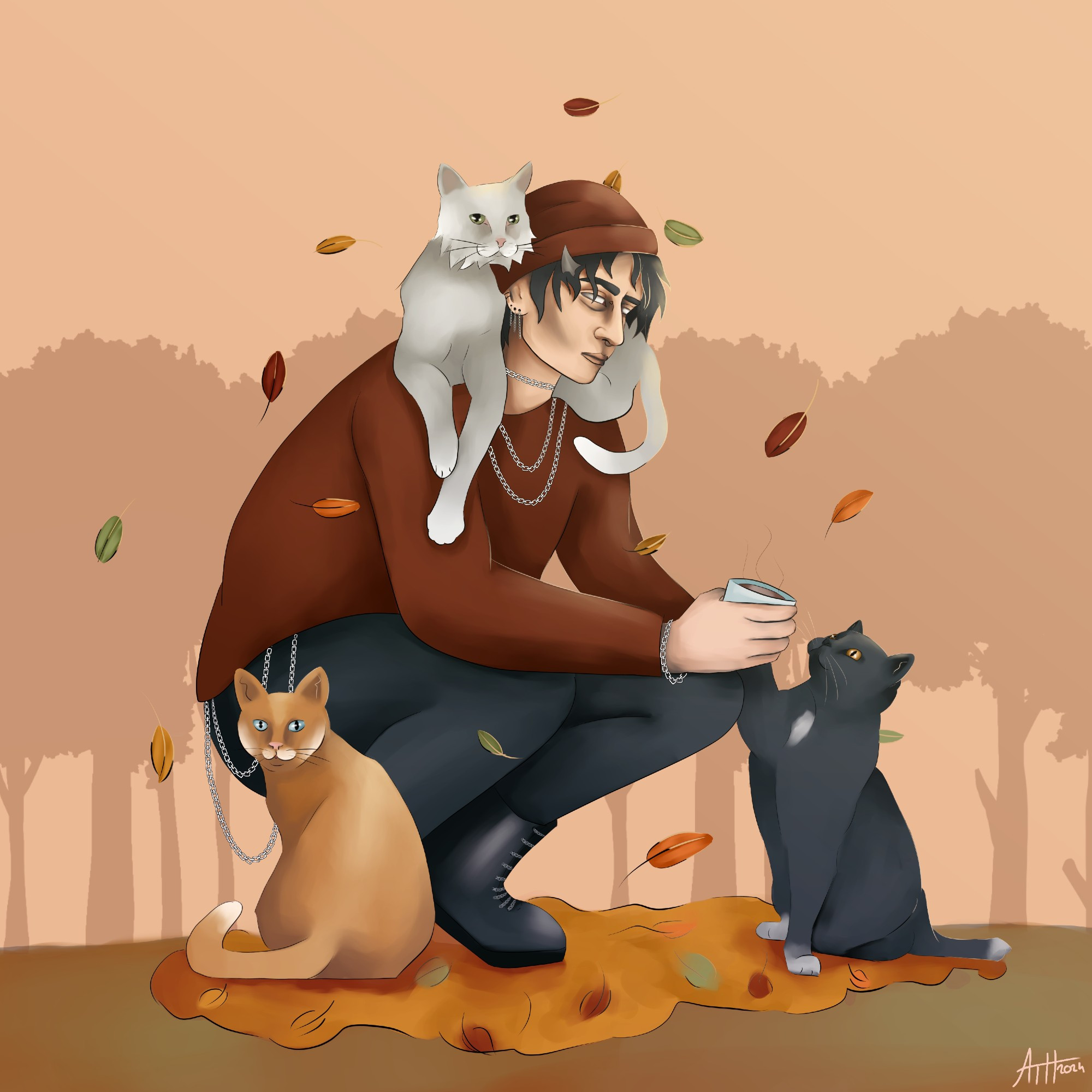 digital drawing of a young man with little small horns crouching down. he's wearing a red sweater, black pants and black poots. his black hair is only showing a little underneath the red beanie on his head. he's surrounded my fall leaves and three cats, one on his shoulder, one sitting next to him and one holding a paw to his hand. he's also holding a cup of a warm, steaming drink. 