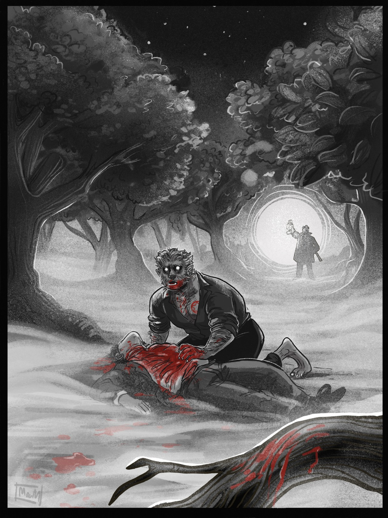 Greyscale illustration of a foggy forest and night. In the foreground, a wolf-man leans up from his prey, red blood spattered over the ground. Behind him, a figure stands holding up a lantern with a rifle in the other arm. 