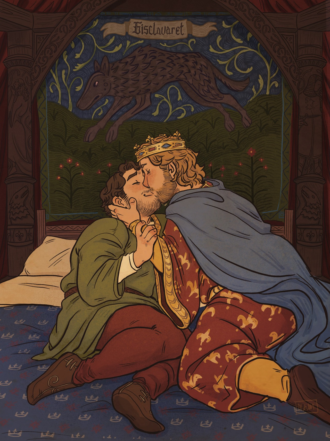 Illustration of two men kissing on an intricately carved bed. One man with darker hair, Bisclavret, is wearing green and red garb, while the other man, the king, with a crown sitting upon his blond hair, is dressed in fine red, gold, and blue. There is a tapestry behind them of a dark wolf in a field. The bedposts are carved with images of wolves, as well as a weeping woman (Bisclavret's wife) and a disgraced knight (her lover). 