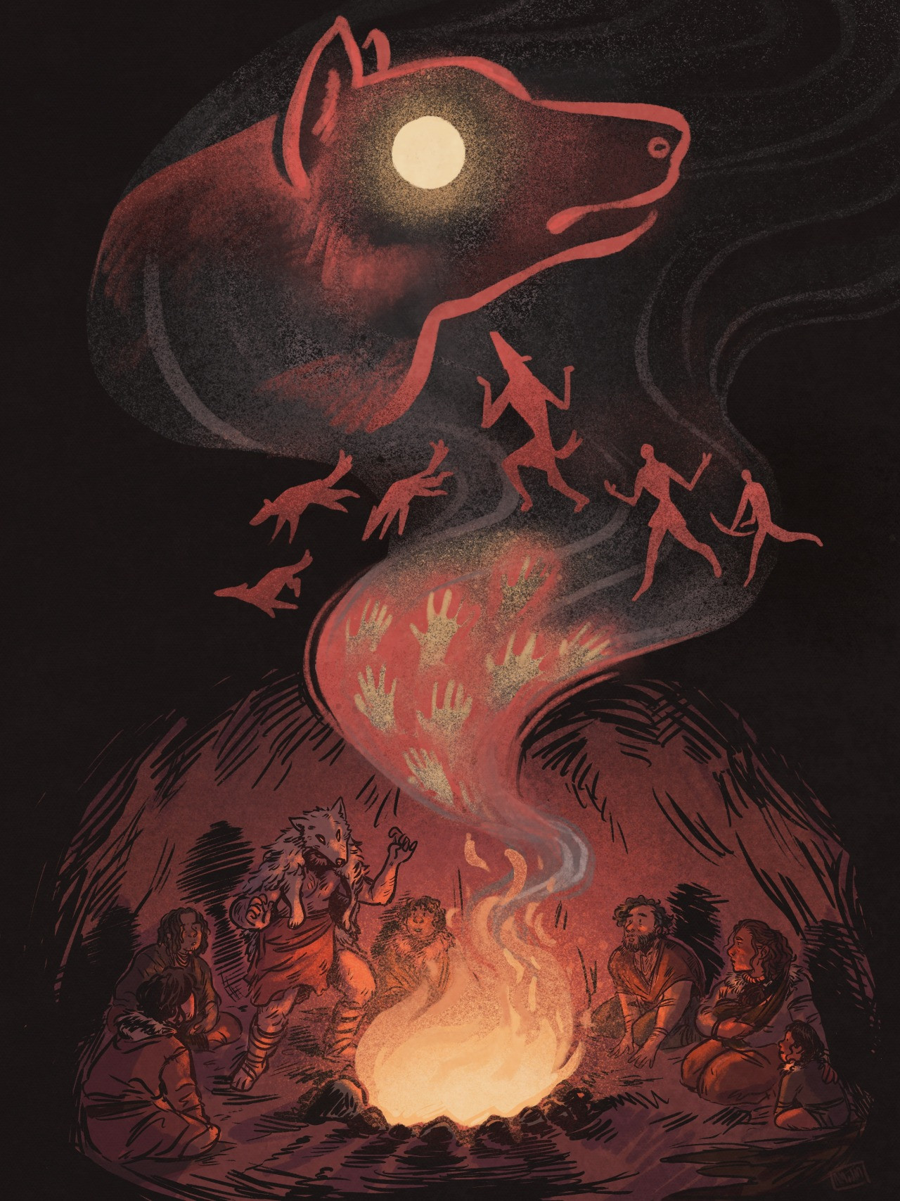 Illustration of a group of prehistoric people gathered around a fire, with one person standing wearing a wolfskin, animatedly telling a story. The smoke from the fire drifts up and becomes cave paintings, first of handmarks, then human hunters, a wolf-human, and wolves. At the very top is a cave painting of a wolf, with the bright full moon as its eye. 