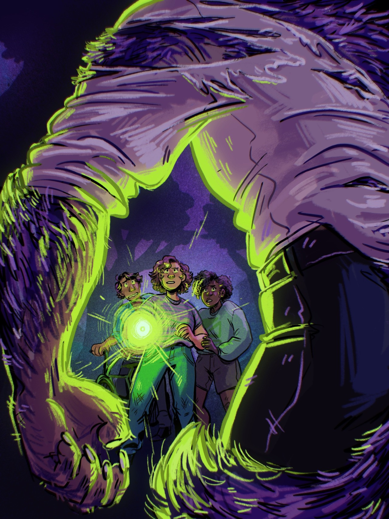 An illustration is bright neon green and purple, showing a werewolf looming in the foreground, illuminated by the flashlight of a group of three kids facing off against the creature. 