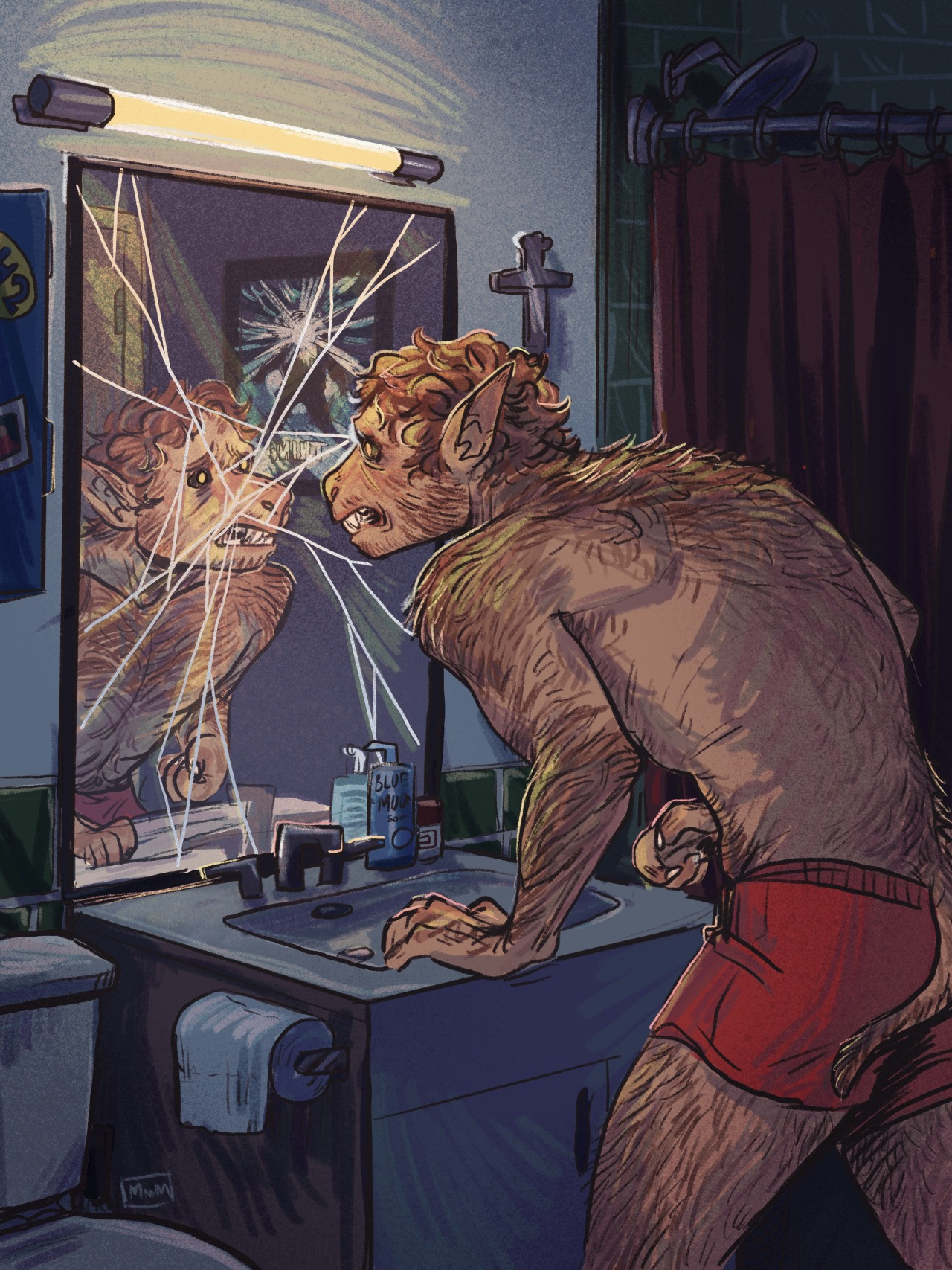 Illustration of a werewolf mid-transformation looking at himself in a broken mirror. There are several nods to 80s werewolf movies and sfx masters hidden around. 