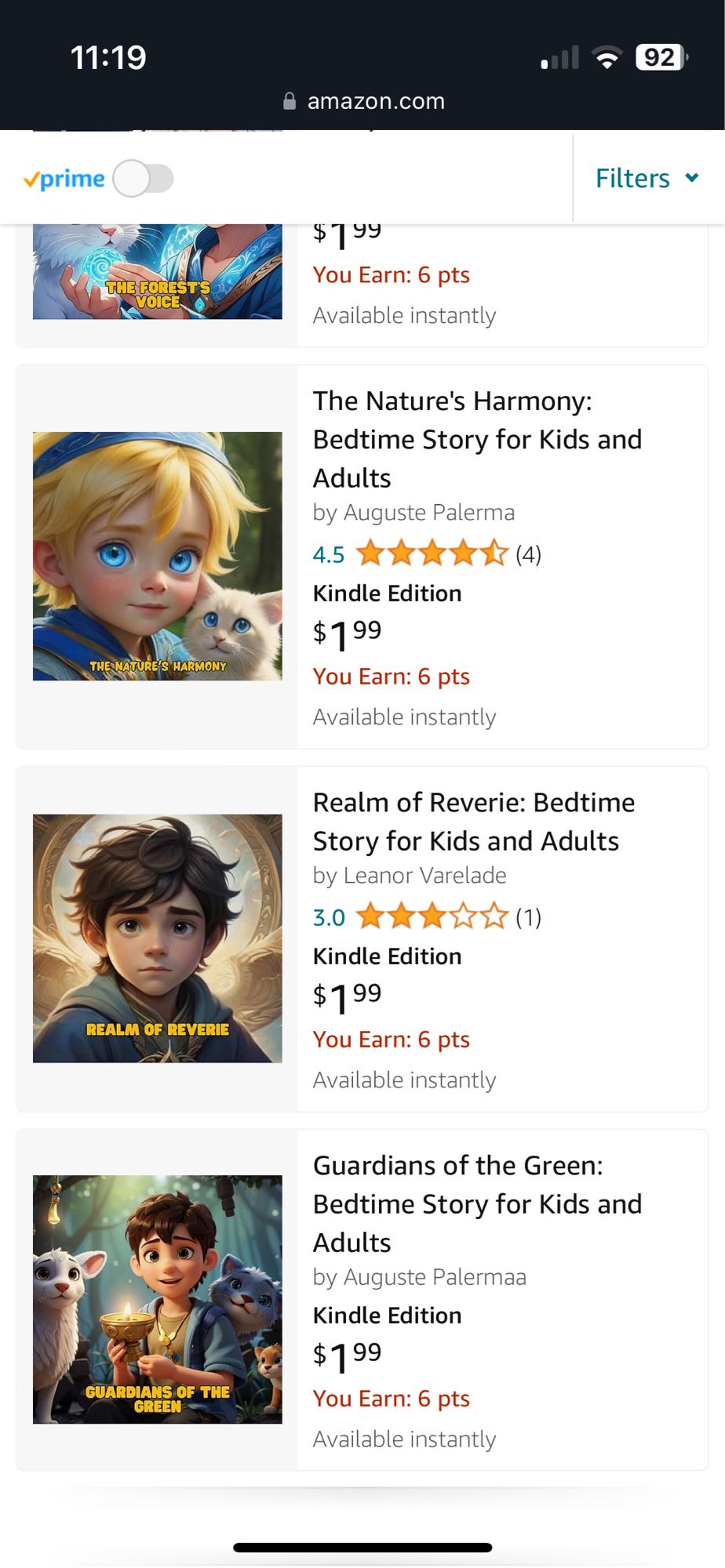 A screenshot of amazon search results showing seemingly AI generated books for sale. All of the titles contain the phrase "Bedtime Story for Kids and Adults"