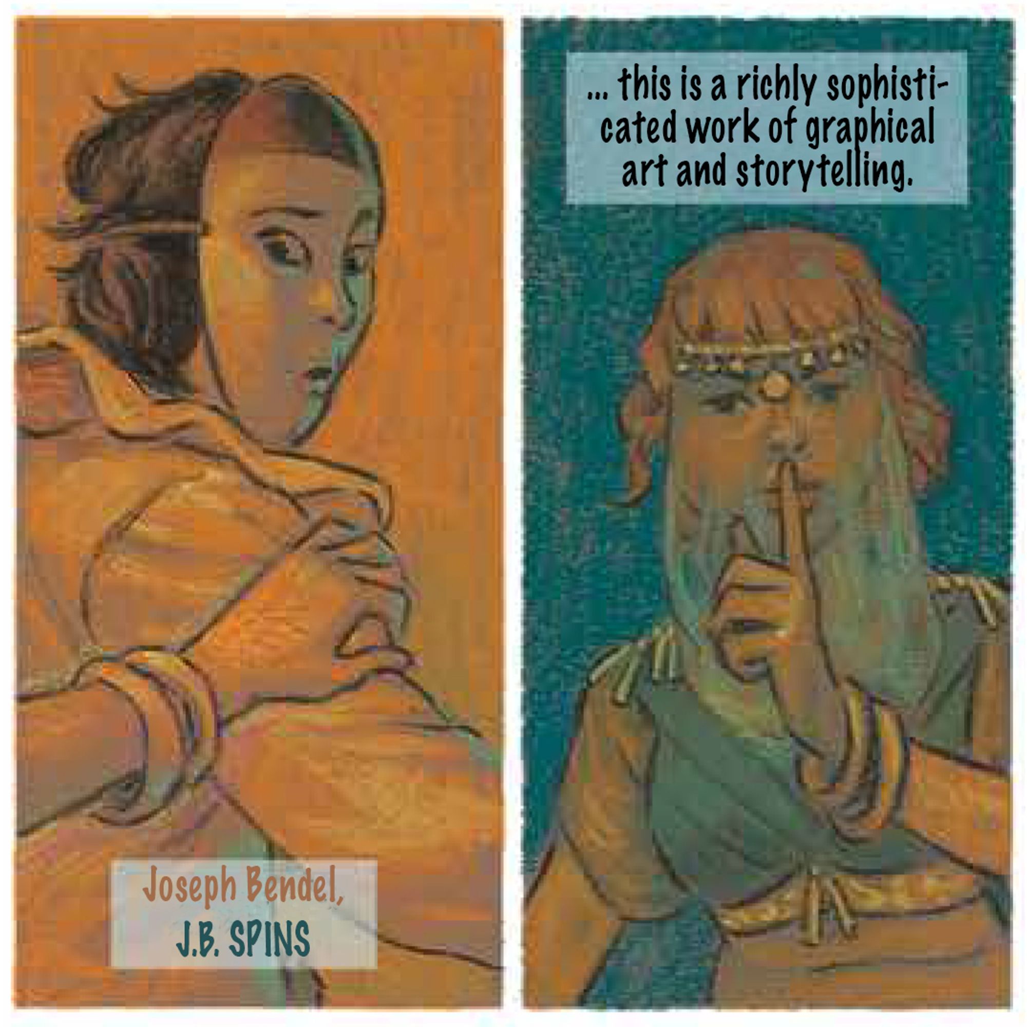 Pastel drawing of Edgar Degas wearing a mask and clown outfit with ruffled collar. He is turning around to look back at someone. We only see that person's hand on Degas' arm. The person is wearing two bracelets. The next panel shows a young woman wearing a veil with her finger to her lips as if to say "shhhhh...be quiet!". The woman is wearing the two bracelets. In the caption boxes there is a pull-quote from a review of DEGAS & CASSATT that reads "...this is a richly sophisticated work of graphical art and storytelling." written by Joseph Bendel from the review site J.B. Spins.