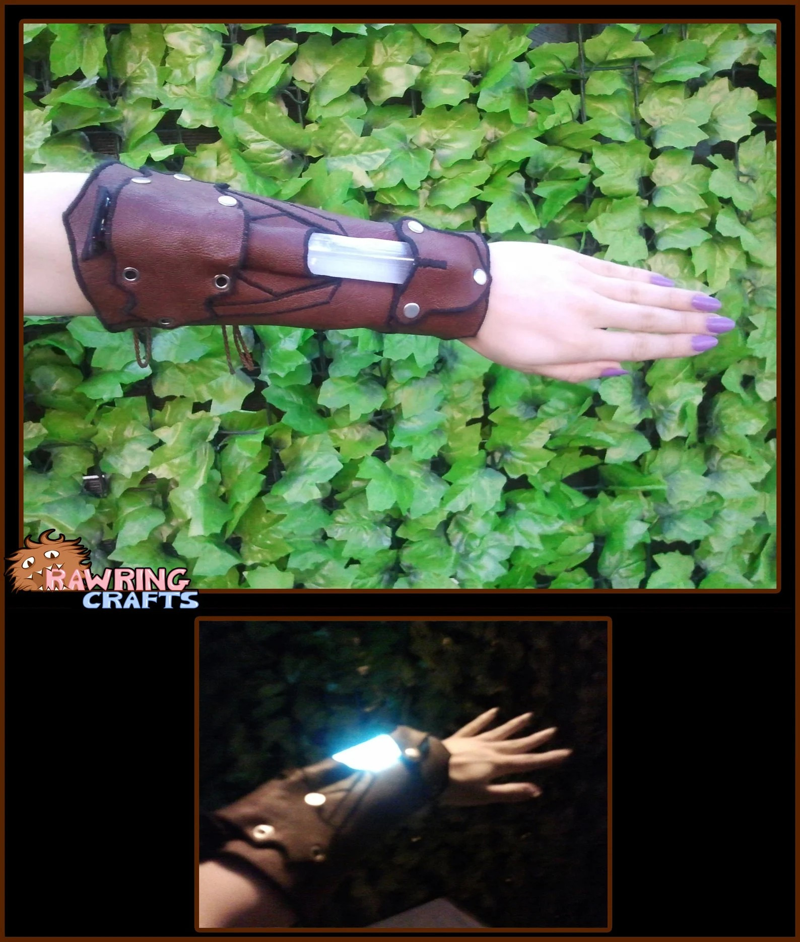 A Pleather Bracer, with a Light up Crystal in the middle, one shot shown in daylight, against an ivy wall, the other at night with the Crystal light up, it is very bright. 