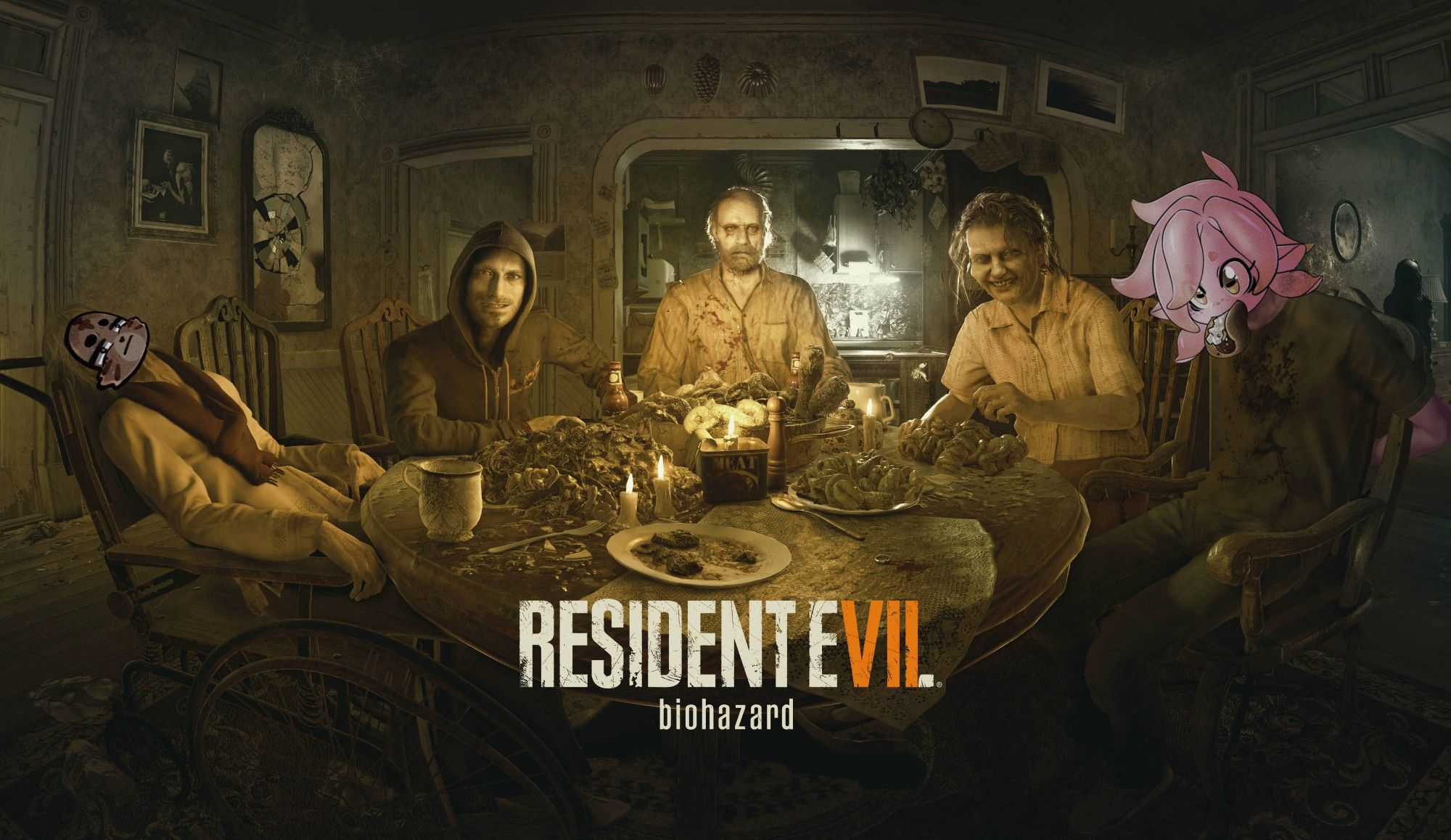 The Resident Evil 7 Family Dinner Scene, but the prisoner has been replaced with a pink squid person, and the left most character, the old lady has been replaced by a tiger girl.