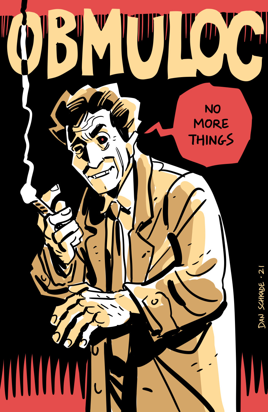 A vampire Evil version of Columbo, labled 

OBMULOC

and hes saying "No More Things"