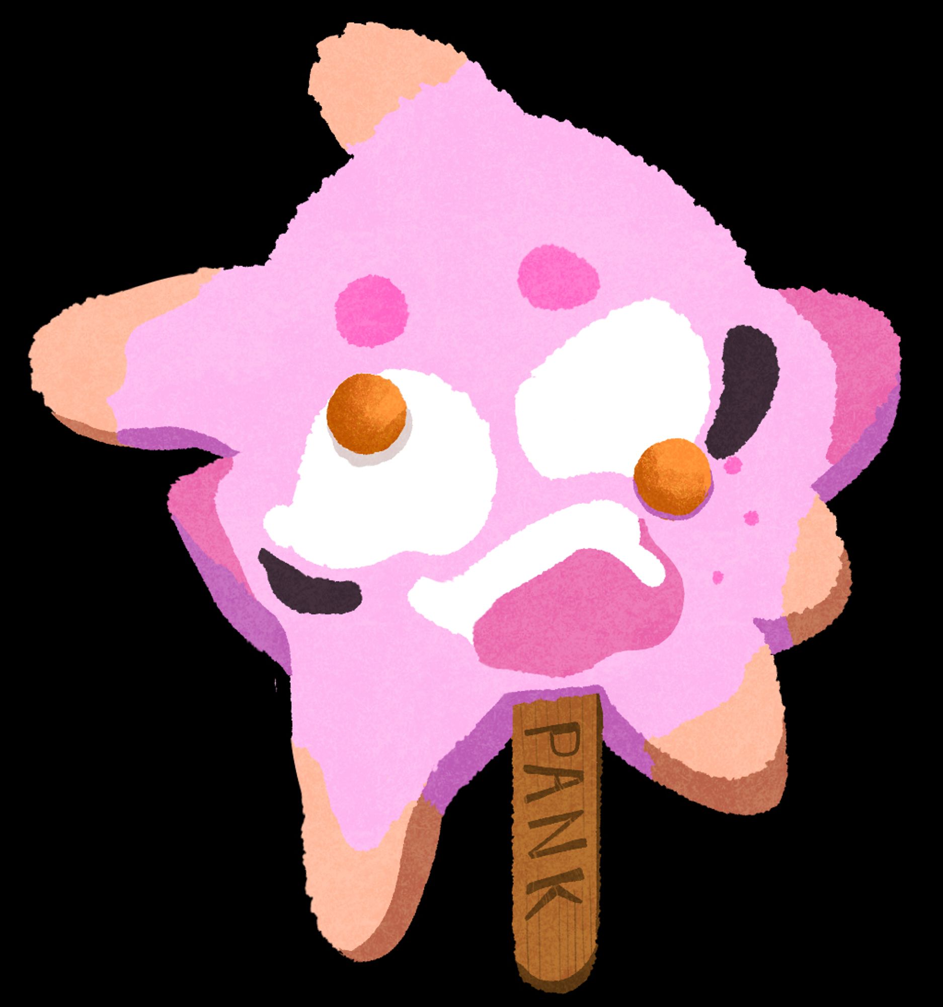 A Pink Ice Cream on a stick, it looks like a Pink Squid Person. The Ice Cream is starting to melt