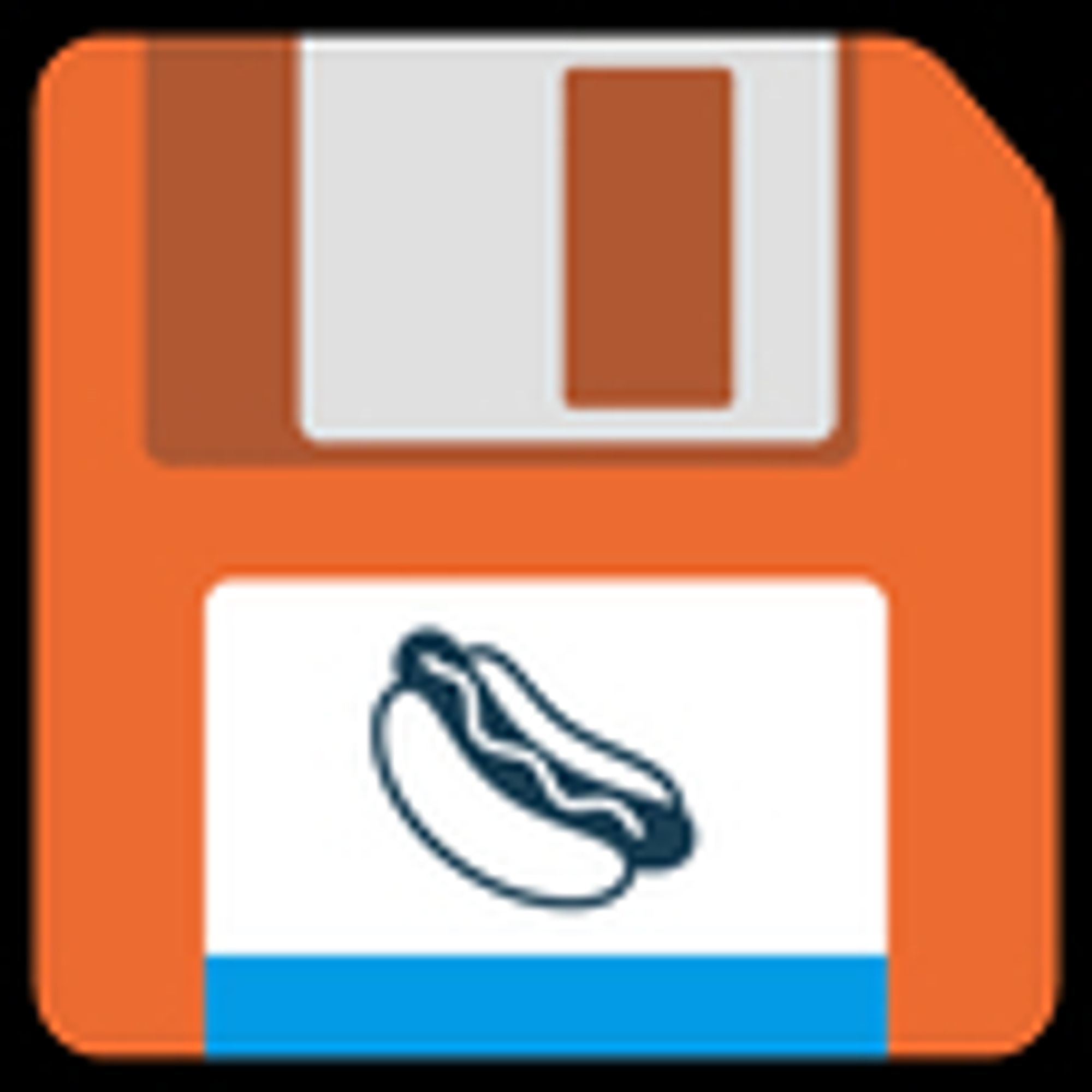 A Orange Floppy Disk, and on the label is a picture of a hotdog.