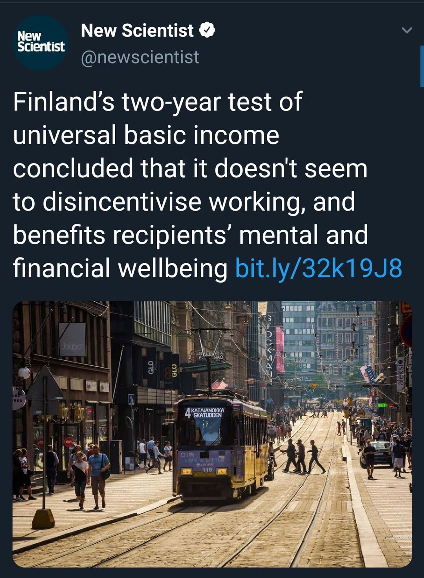 Finland's two-year test of universal basic income concluded that it doesn't seem to disincentivise working, and benefits recipients' mental and financial wellbeing bit.ly/32k19J8