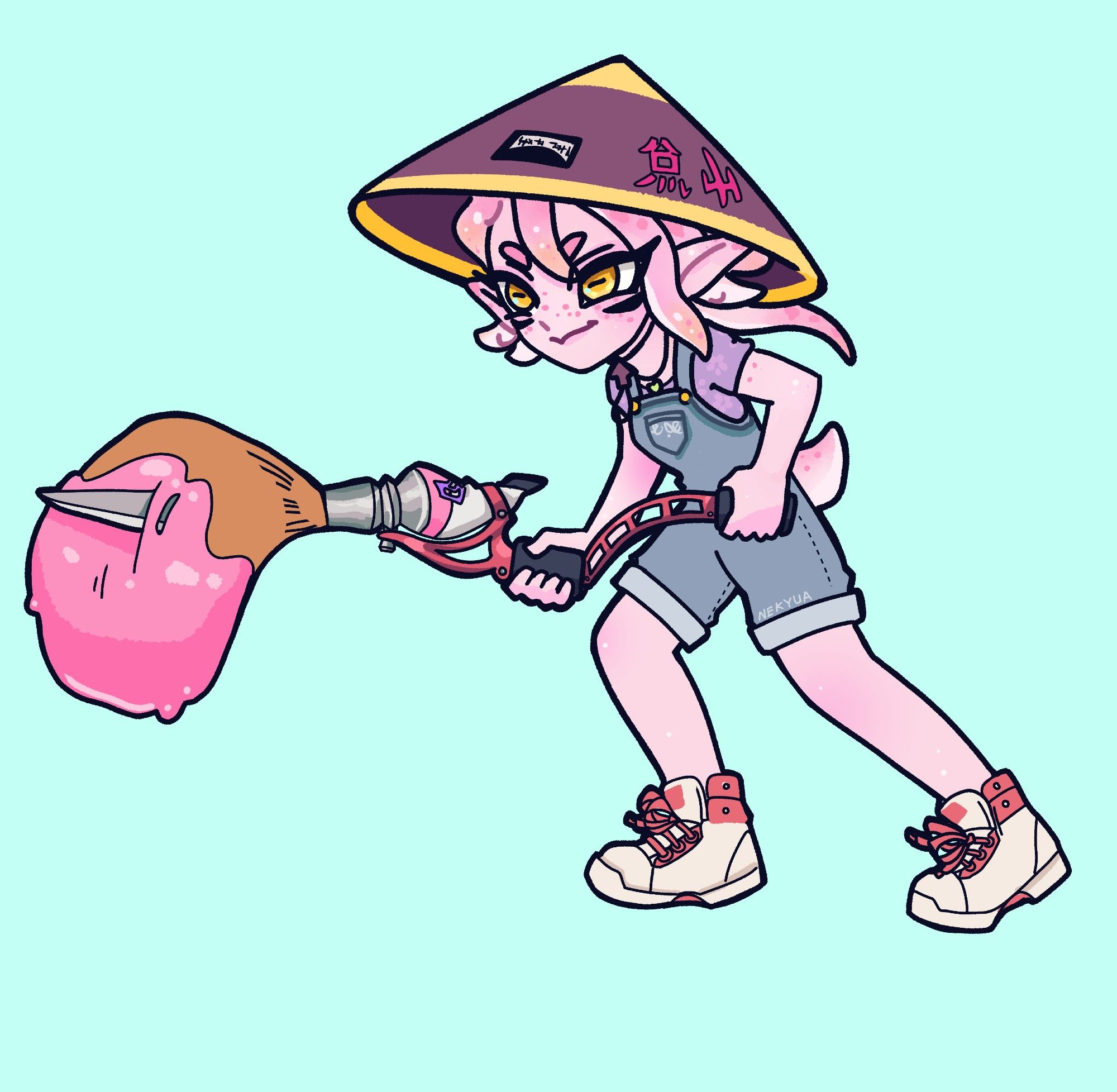 A Pink Squid Person Holding a giant paint brush with a knife hidden in the bristles, they are wearing a Jingasa style hate, blue overalls that end just above the knees, and sneakers. This Art is by @nekyua.bsky.social