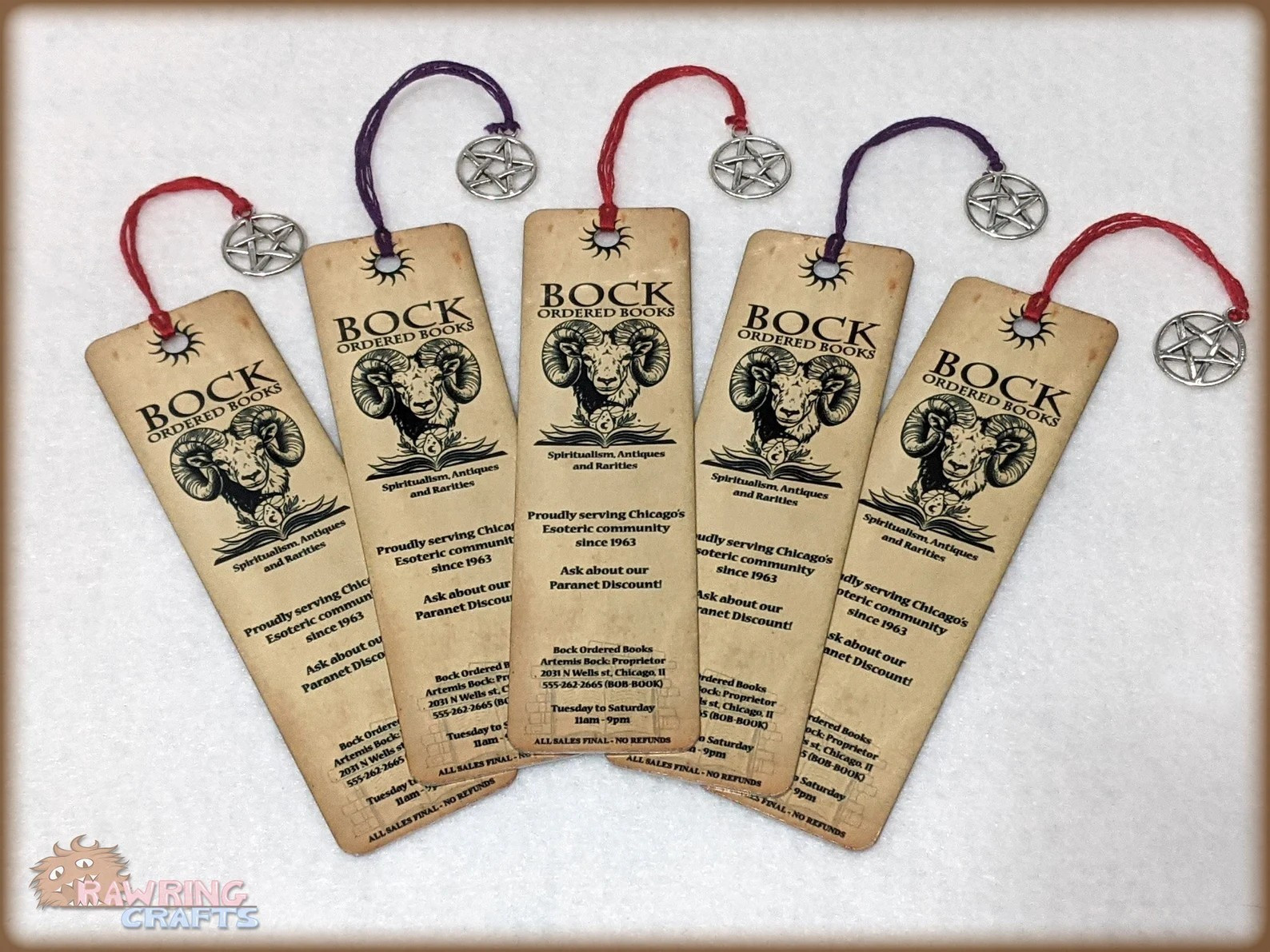 Custom Bookmarks, that Read BOCK Ordered Books, followed by a picture of a ram.