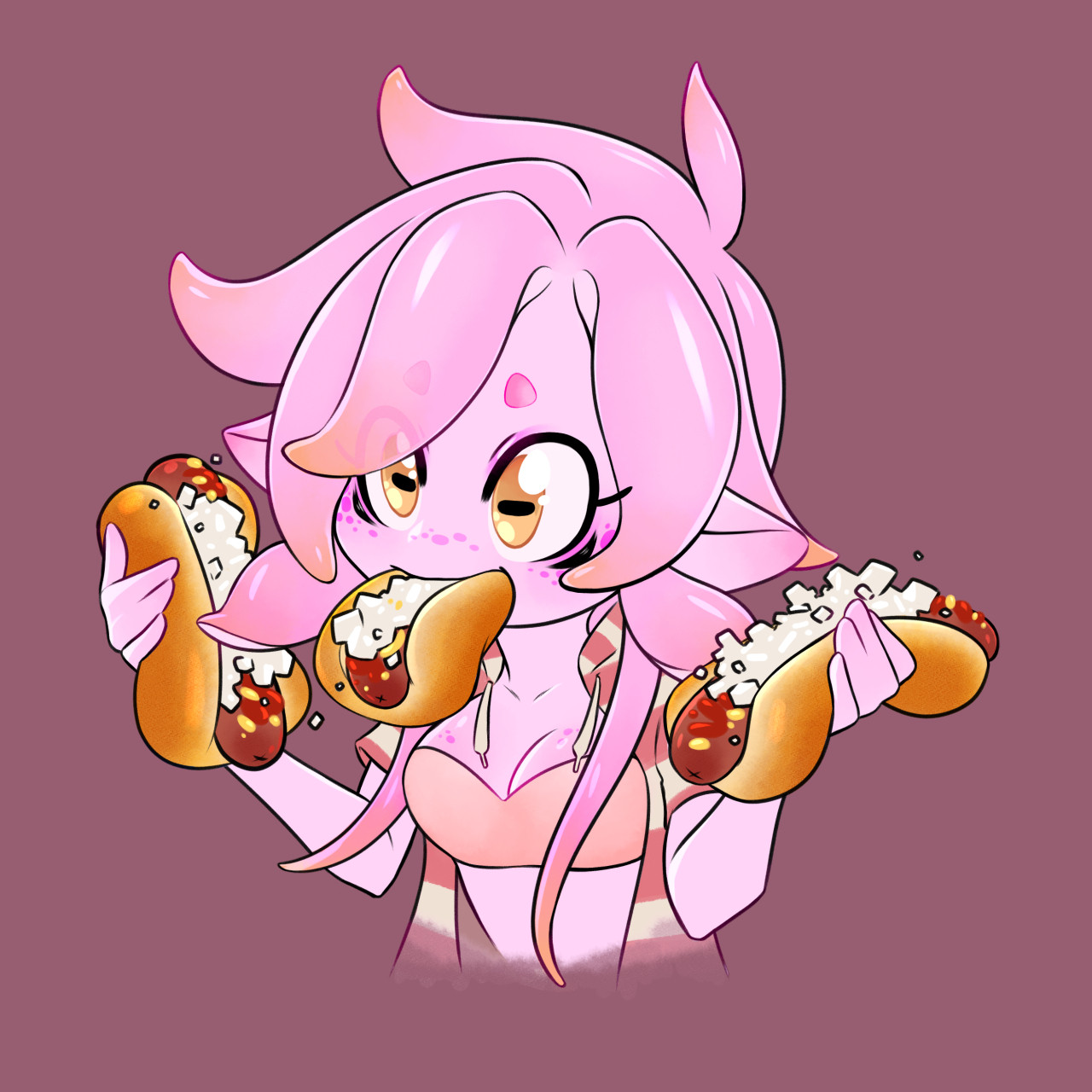 A pink squid person eating 3 hotdogs