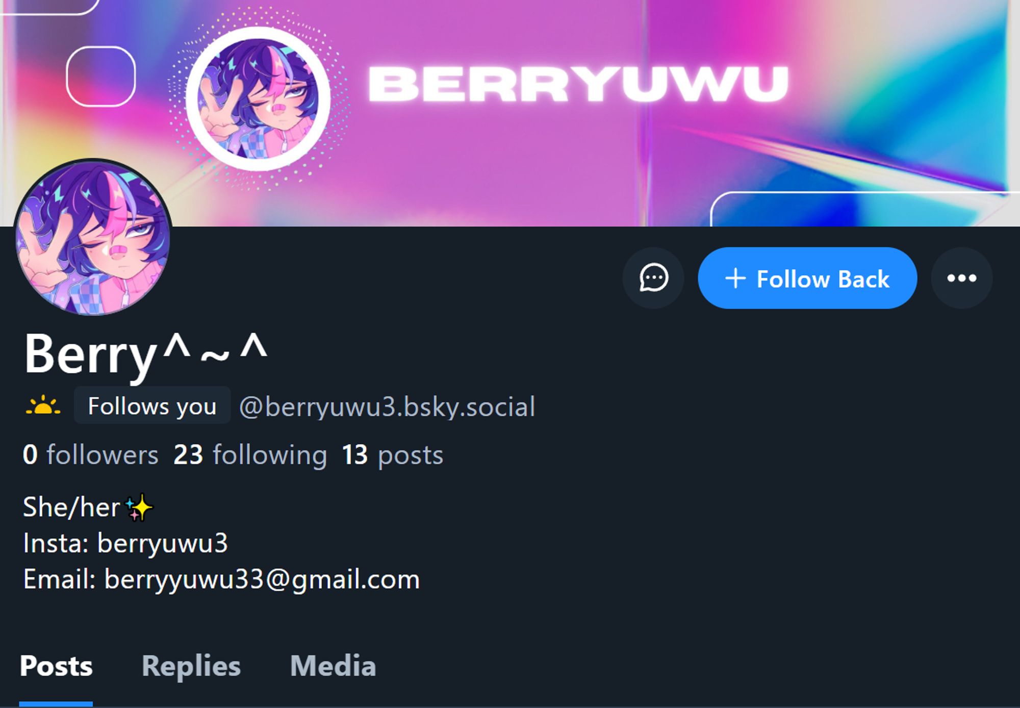 A Screenshot of Berry's Profile page, 0 Followers, 23 following 13 posts.