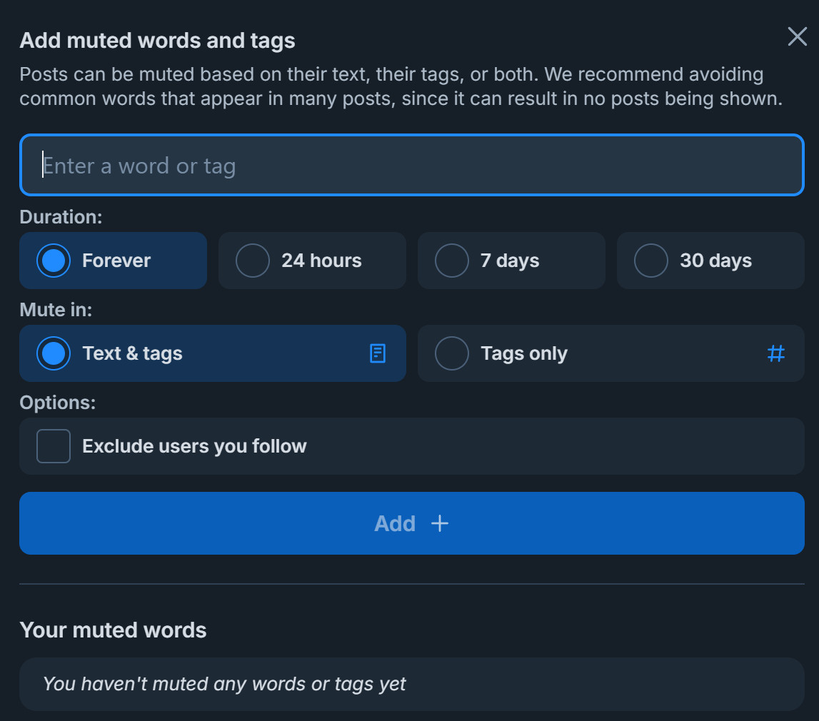 A Screenshot of the Settings > Moderation > Mutes page showing how you can mute text or tags. 