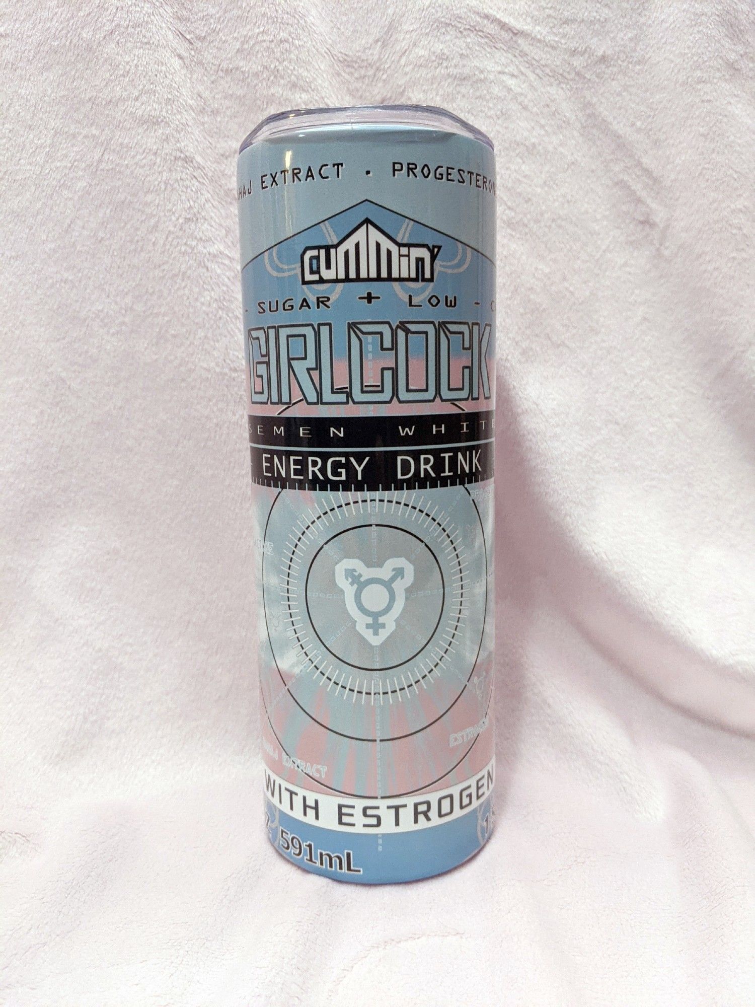 A Parody Energy Drink Tumbler called Girlcock in Trans Flag Colors