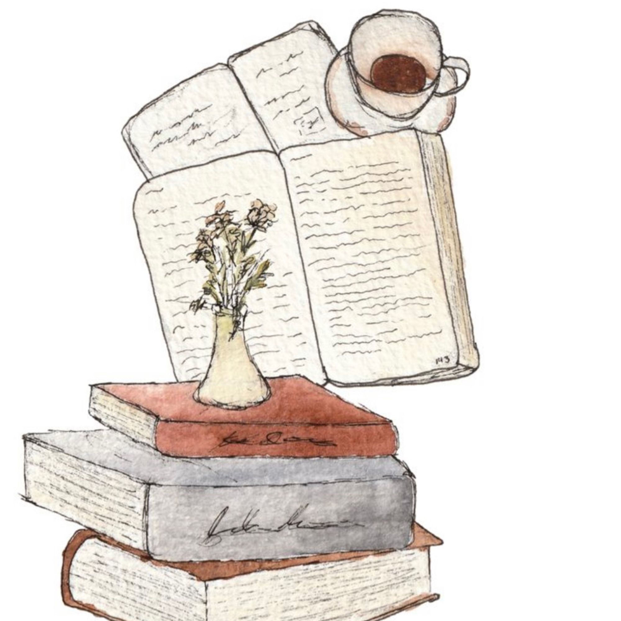 Books on top of each other with a plant on top and coffee and books drawn at the top.