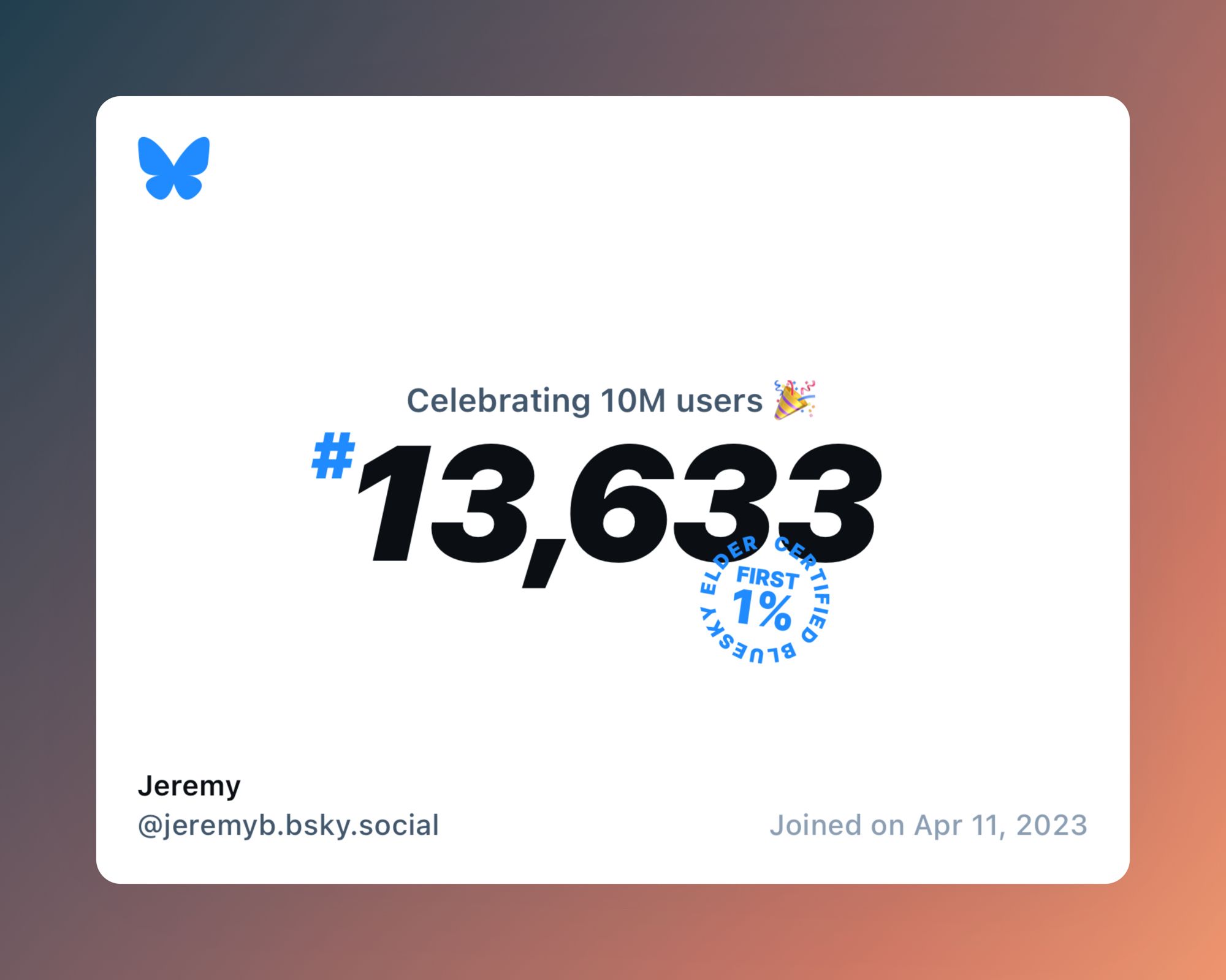 A virtual certificate with text "Celebrating 10M users on Bluesky, #13,633, Jeremy ‪@jeremyb.bsky.social‬, joined on Apr 11, 2023"