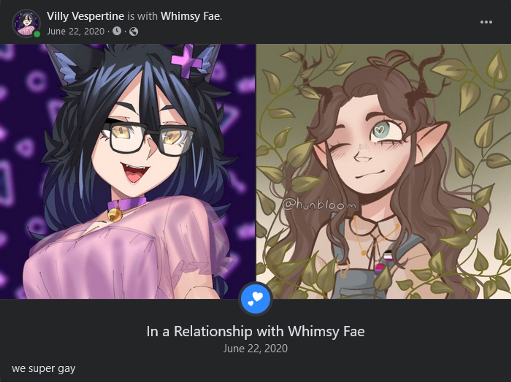 Villy Vespertine (me) is with Whimsy Fae (my gf)
June, 22, 2020

In a relationship with Whimsy Fae
we super gay