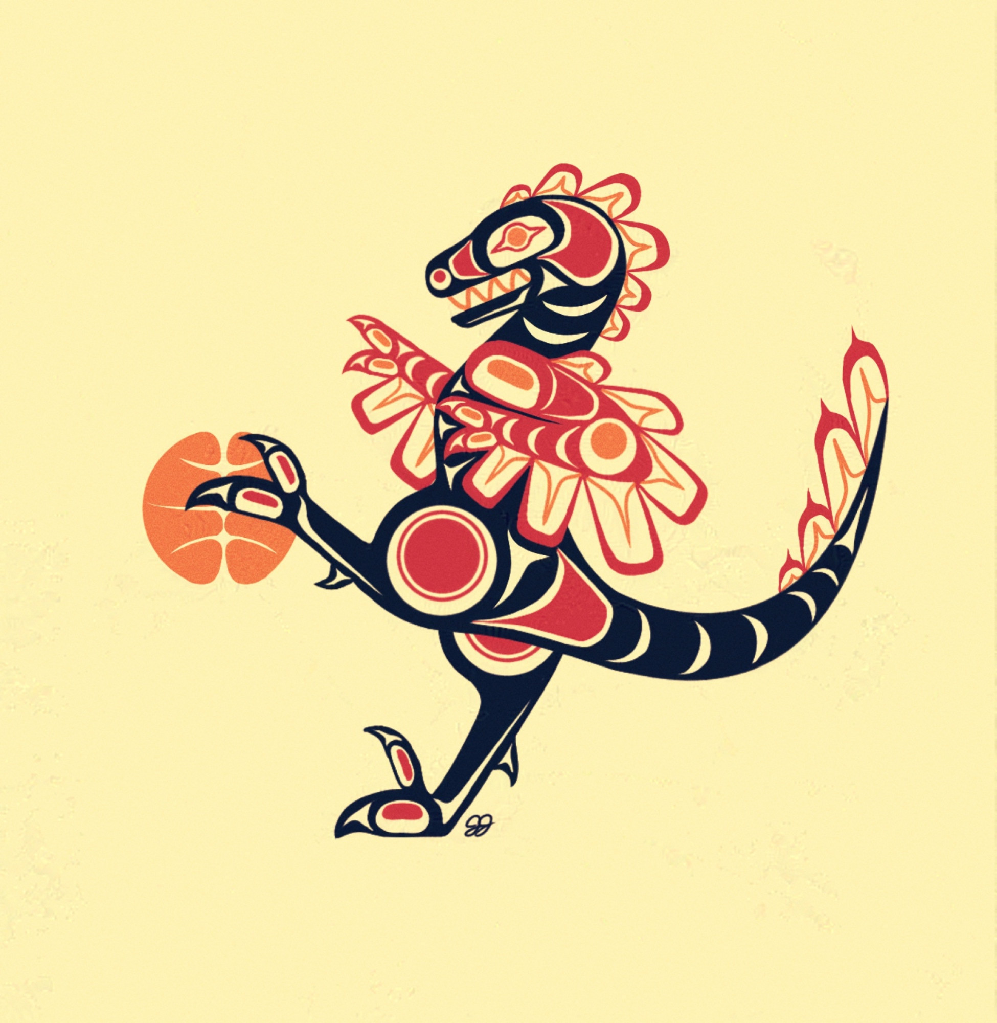 A formline design of a raptor dinosaur with a basketball in its talons.