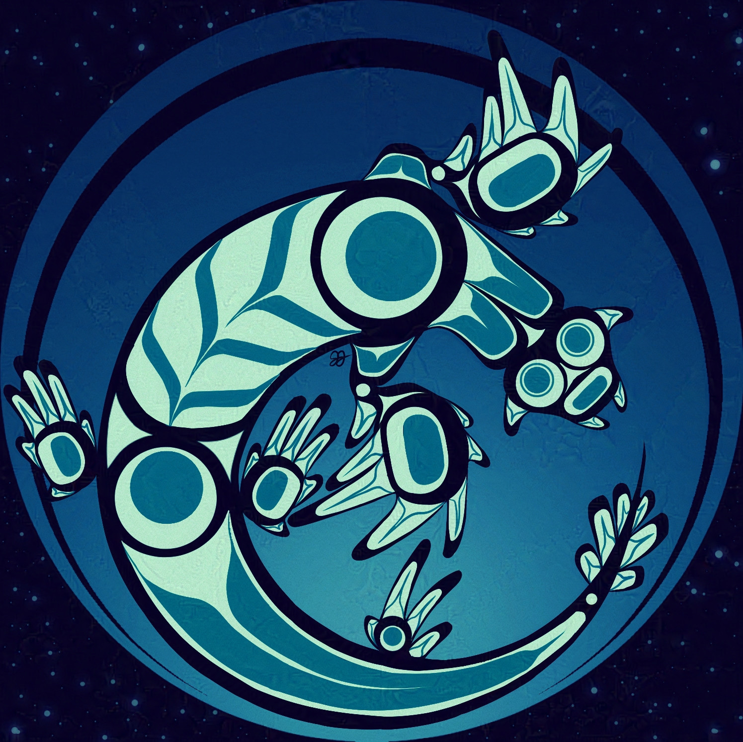 An illustration featuring a circle and a blue sea dragon nudibranch in Indigenous formline design, representing the super blue moon of 2023. The circle is surrounded by tiny stars and colored a dark blue and the nudibranch is colored with light blue and pale sea-foam green.