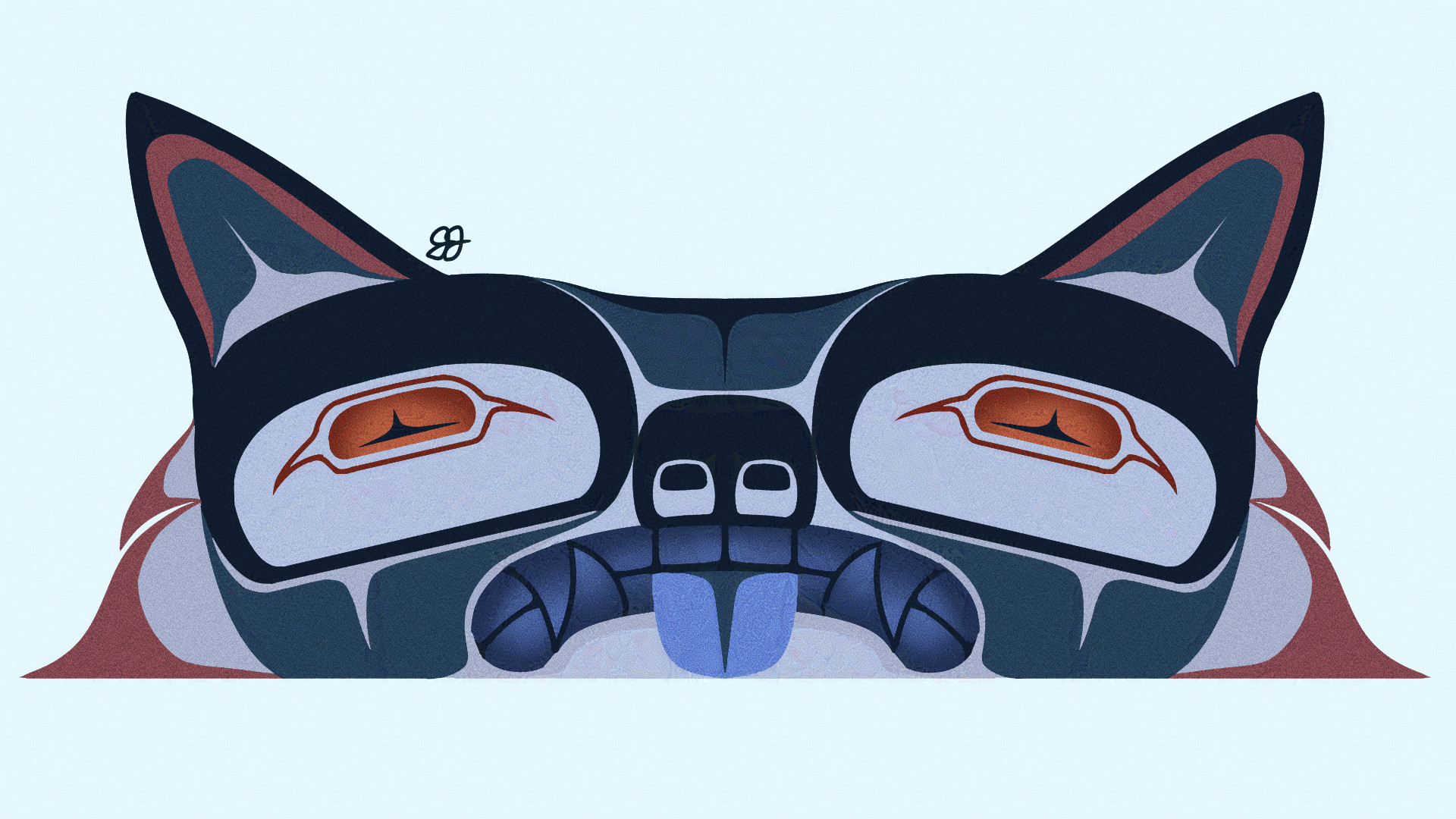 A formline illustration of a symmetrical white wolf with dark teal and orange accents. The tongue and teeth are varying shades of blue, the eyes are a gradient orange, and the backdrop is off-white.