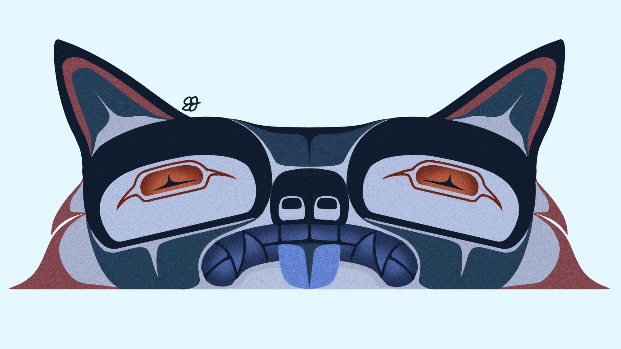 A formline illustration of a symmetrical white wolf with dark teal and orange accents. The tongue and teeth are varying shades of blue, the eyes are a gradient orange, and the backdrop is off-white.