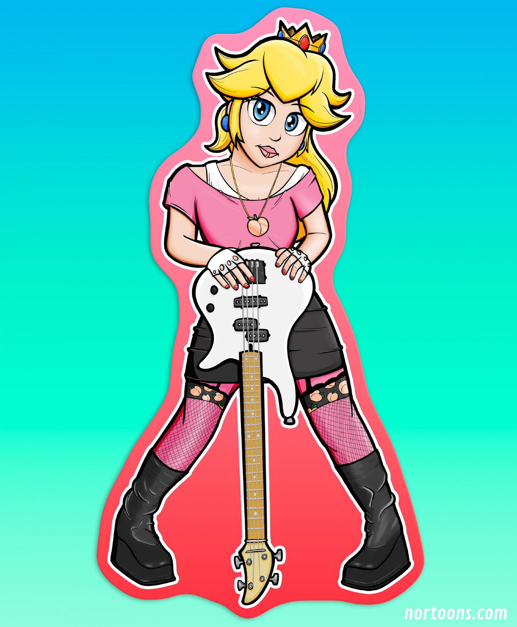 Fan art illustration of Princess Peach posing with a bass guitar