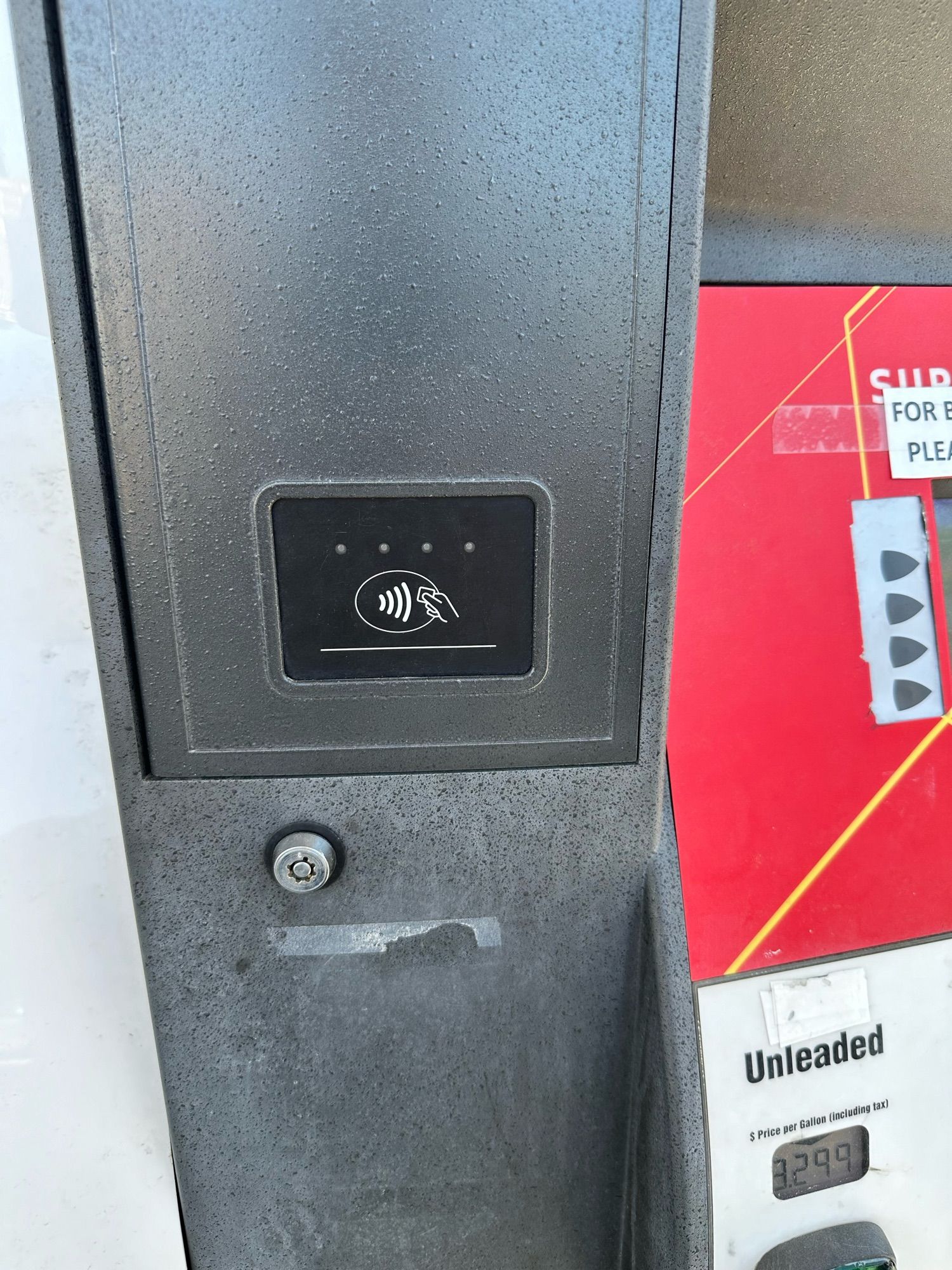 A contactless payment node on a gas pump at a gas station.