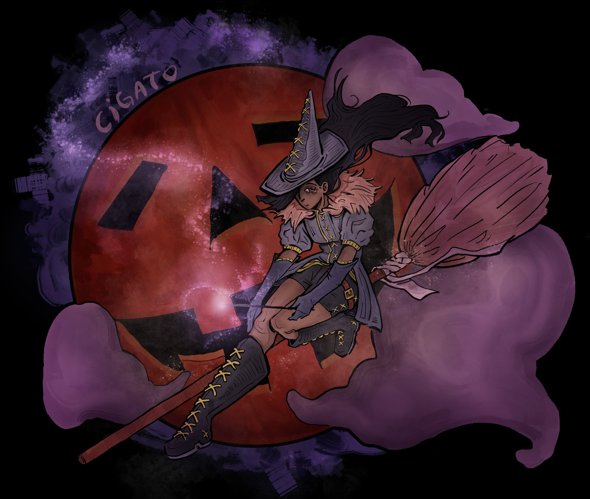 a splash art of a witch, there is a pumpkin carved moon behind her