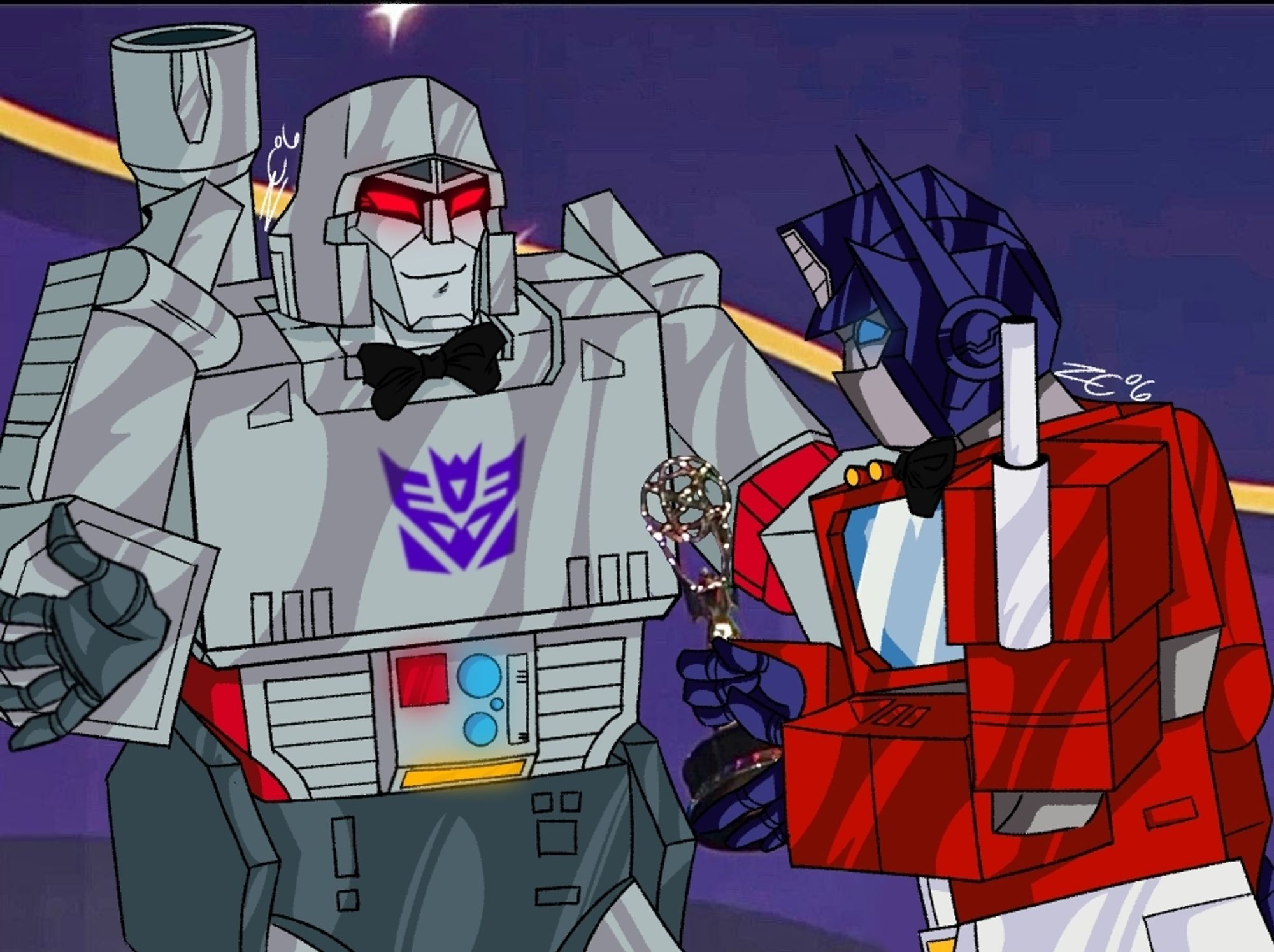 A redraw of Peter Cullen receiving his lifetime achievement award with Megatron and Optimus Prime over their individual voice actors