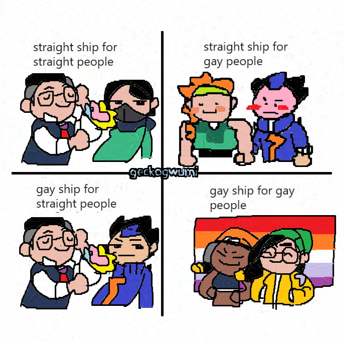 Valorant ships in the “gay straight ship” meme format. 

Straight ship for straight people is Chiper
Straight ship for gay people is Yokye
Gay ship for straight people is Yomber
Gay ship for gay people is Nanobomb