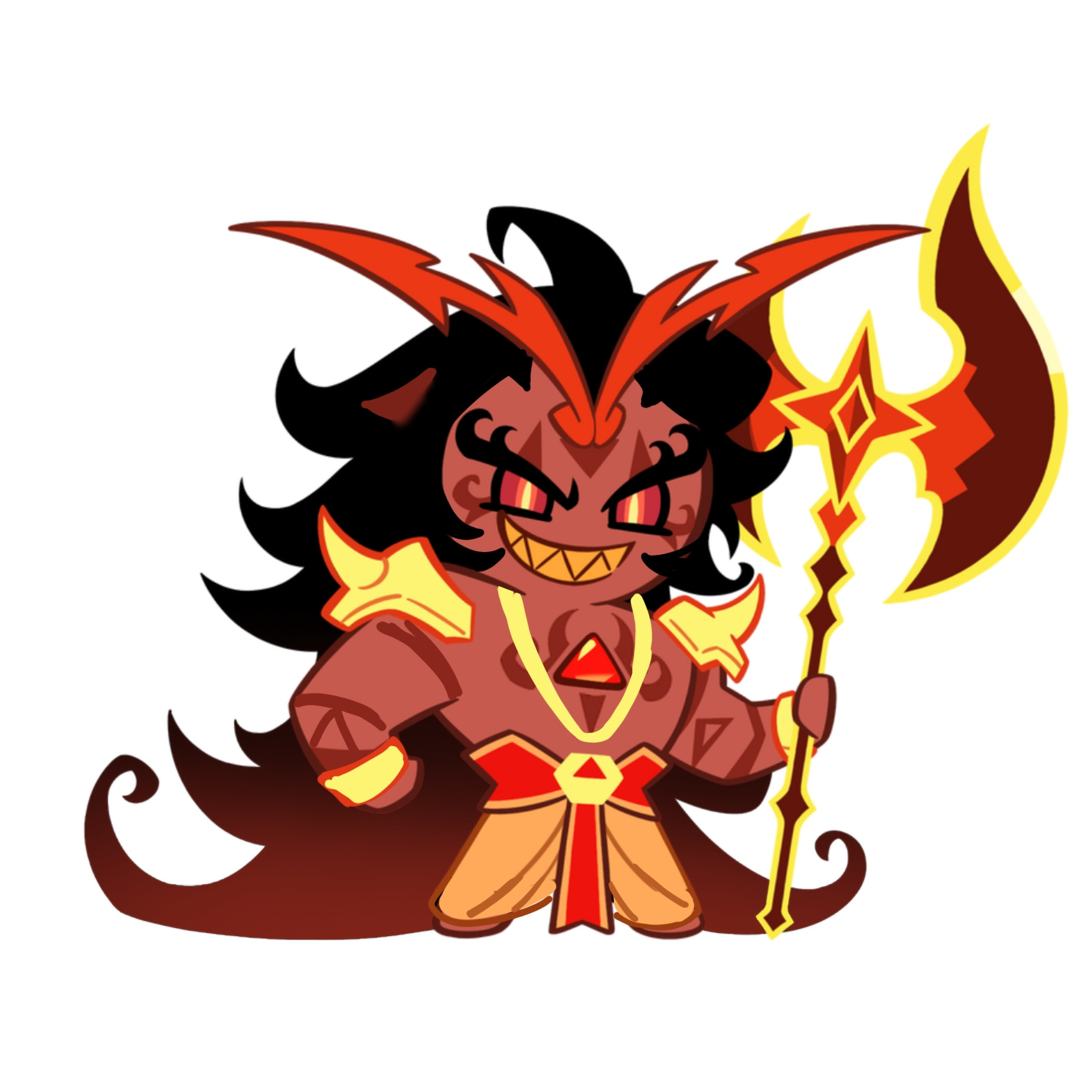 Image shows a redesign of the character of Burning Spice Cookie from Cookie Run: Kingdom.

His dough is a rose-terracotta tone, and his hair is out of its bun, being more rough and jagged to represent flames, now reaching beyond his own height and dragging behind him. His smile is wide, sinister and toothy with yellow teeth, and his eyecings are now black, but his eyes remain the same as image 1 — red, slowly fading into an extremely bright yellow. He wears a yellow, elongated dhoti and a small piece of red fabric with golden trims for decoration, secured by some sort of golden button with a red triangle on it.

He has two spiky shoulder pads, and also appears to have only two arms, but they are covered in the very same tattoos, wearing two golden bangles on his wrists. He also wields a two-sided parashu this time, a battle-axe often associated with Shiva much like the trishula is, also being affiliated with the birth of Kerala, a state in India.