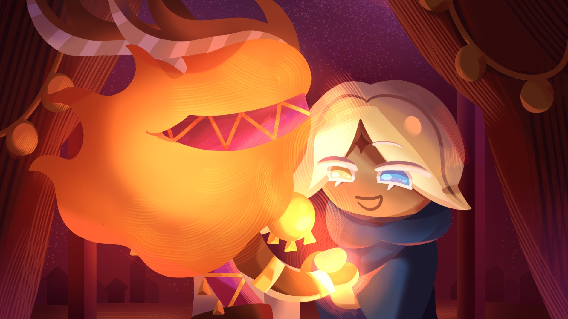 The two characters pictured are an original character named Sun Dragon Cookie, and a character from the game Cookie Run: Kingdom. Both characters are stood inside of a dimly-lit tent with a view of the outside, with Sun Dragon's back to the viewer. Pure Vanilla Cookie appears to be holding Sun Dragon Cookie's hand, a warm glow coming off it to imply that their hand may be being healed. Pure Vanilla Cookie is staring at Sun Dragon lovingly, a warm blush and gentle expression on his face.