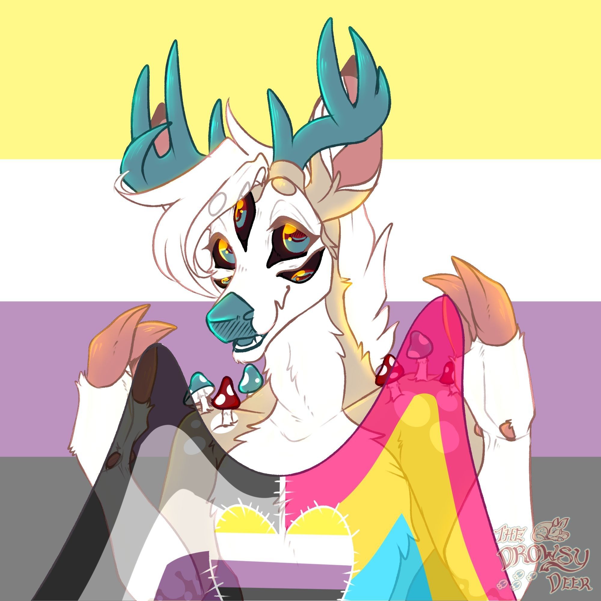 A bust-up of my sandy and white piebald whitetail deer fursona with teal antlers, nose and tongue, pink hooves, and five blue and red teal eyes. They're holding up a flag that has the ace colors on the left, pan colors on the right, and in the middle of the flag, a heart with the enby colors.