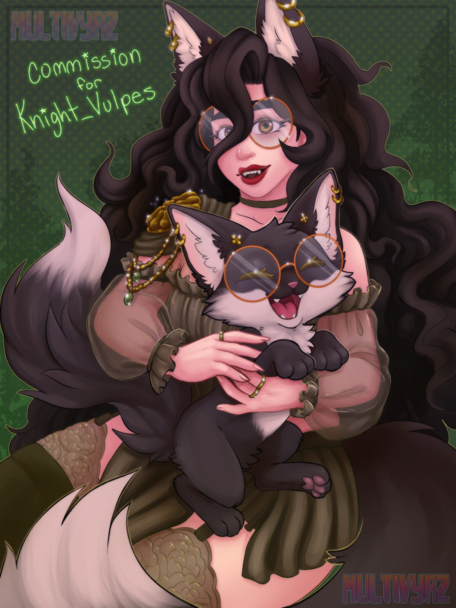 A commission for Knight Vulpes of her Vtuber holding her fox form. She is a brunette with long wavy hair, circular golden glasses, and brown eyes. She has fangs in her smile and deep red lipstick. She wears and olive green outfit with sheer sleeves and a shoulder piece adorned in gold chains and green gems. The fox also wears golden circular glasses and the same earrings as her human counterpart, and has her mouth open in a wide smile.