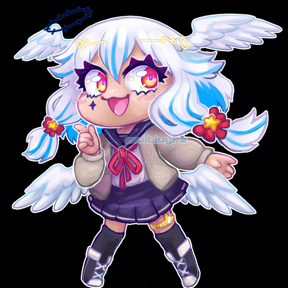 A chibi of Multivyrz's angel character, Noa Tenshi. She has two sets of wings, one pair coming from her hair. 
She has white hair with blue streaks tied into two low tails that frame her face. She has red eyes and a black diamond star under her right eye.
Floating over her head is a black, thorny halo.

Noa wears a long outdated school uniform with a loose beige cardigan, has knee-high black socks, and hightop sneakers. On her left thigh is a golden garter, and the bows in her hair have golden stars. 