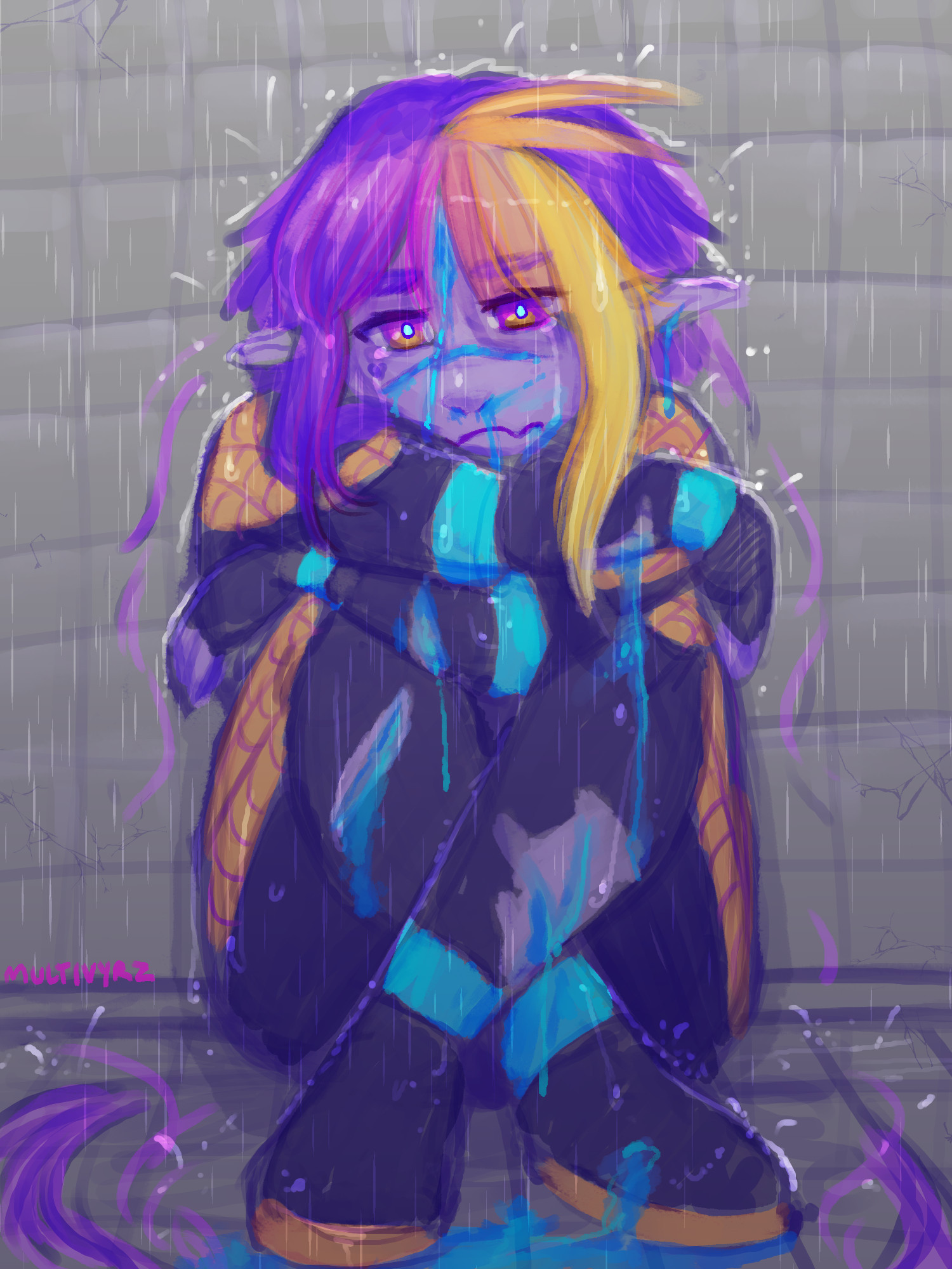 A digital colored sketch of Jaxxon Shryke sitting clothed on the floor of a running shower with her arms wrapped around her knees.
 Her face is downcast with a somber expression, with blood dripping from her nose, mouth, a gash across her face, and a wound from her forehead. 
Her hair is shorn short, as if she pulled her hair into a ponytail and cut it clean off with scissors, which are not in view.
She is wearing her spider suit, and there are tears in the material where her skin is exposed, and large bleeding wounds drip onto the tile flooring with the remnants of her hair.