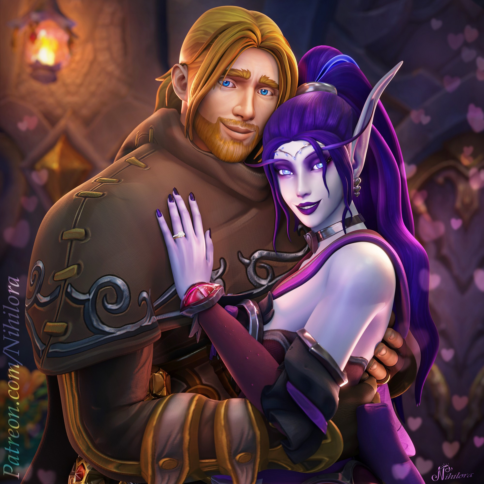 3D render inspired by the game World of Warcraft, featuring an OCxCanon couple: Anduin, from the game itself, and Nihilora, the character of the author. They're hugging while smiling happily at the camera. 