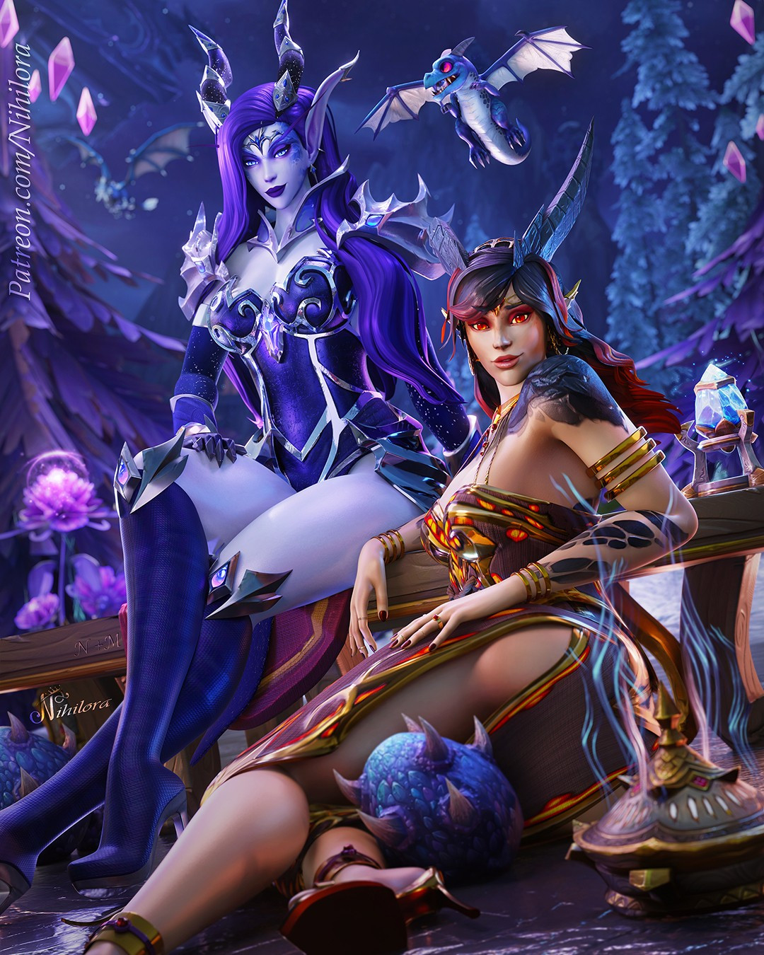 World of Warcraft 3D render depicting two dragon ladies enjoying a relaxing evening in the Azure Archives. The Blue Dragon Noragosa, on the left, is sitting on the edge of a table, while the other, the Red Dragon Micastrasza is laying on the ground, leaning her arm on the table behind her.
The little blue whelp Tinygos is flying joyfully over their heads.
You may also spot Kalecgos flying in the background among the pink and blue tree tops 