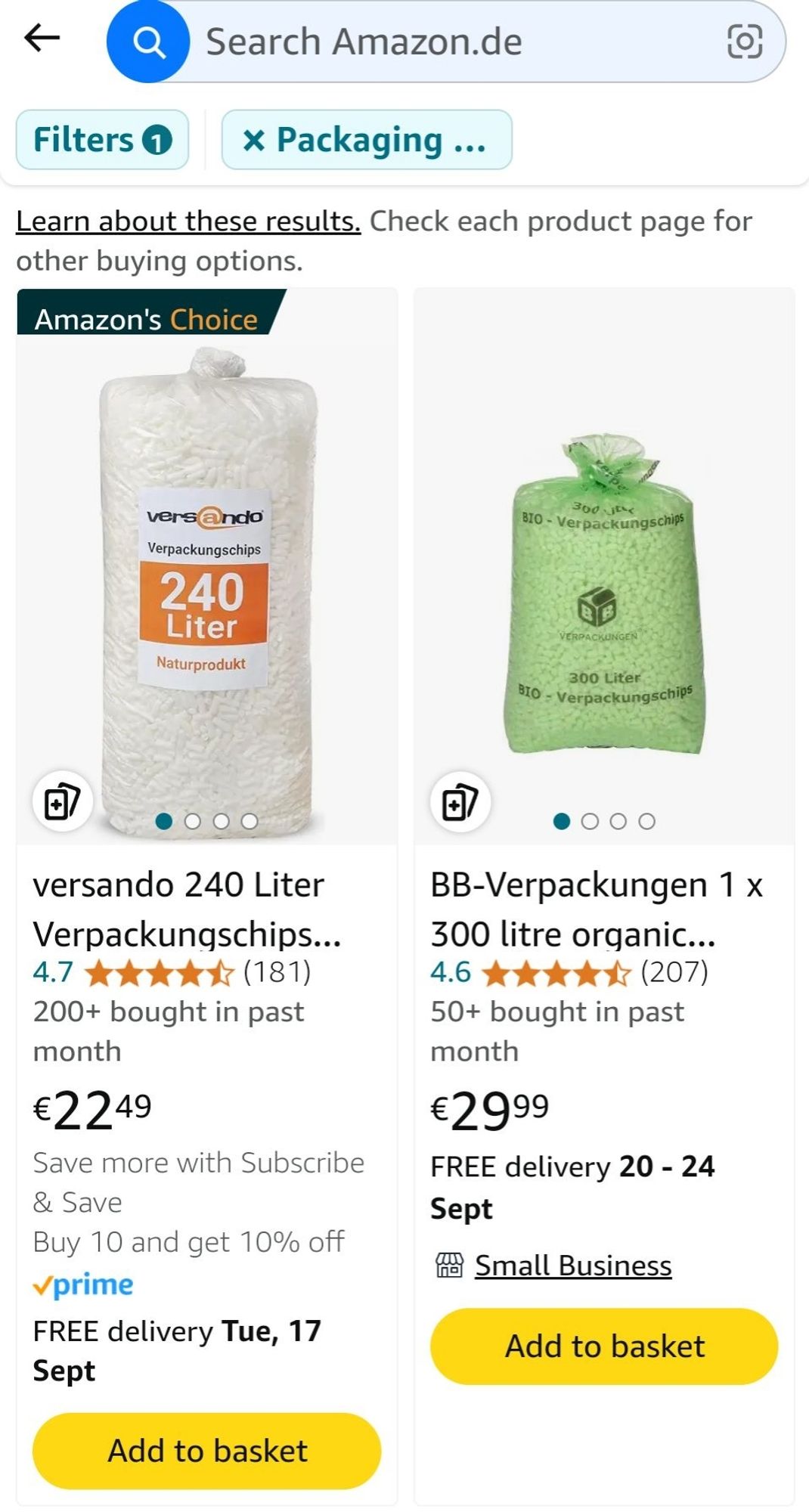 Click führt rr zu so Säcken mit Verpackungsmaterial von so brands wie 'versando'