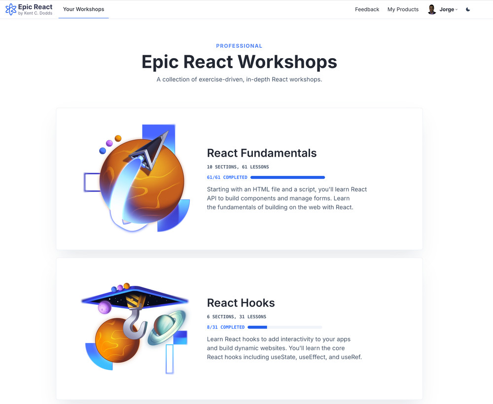 React course showing I completed react fundamentals and I'm 8 out of 31 lessons into React Hooks