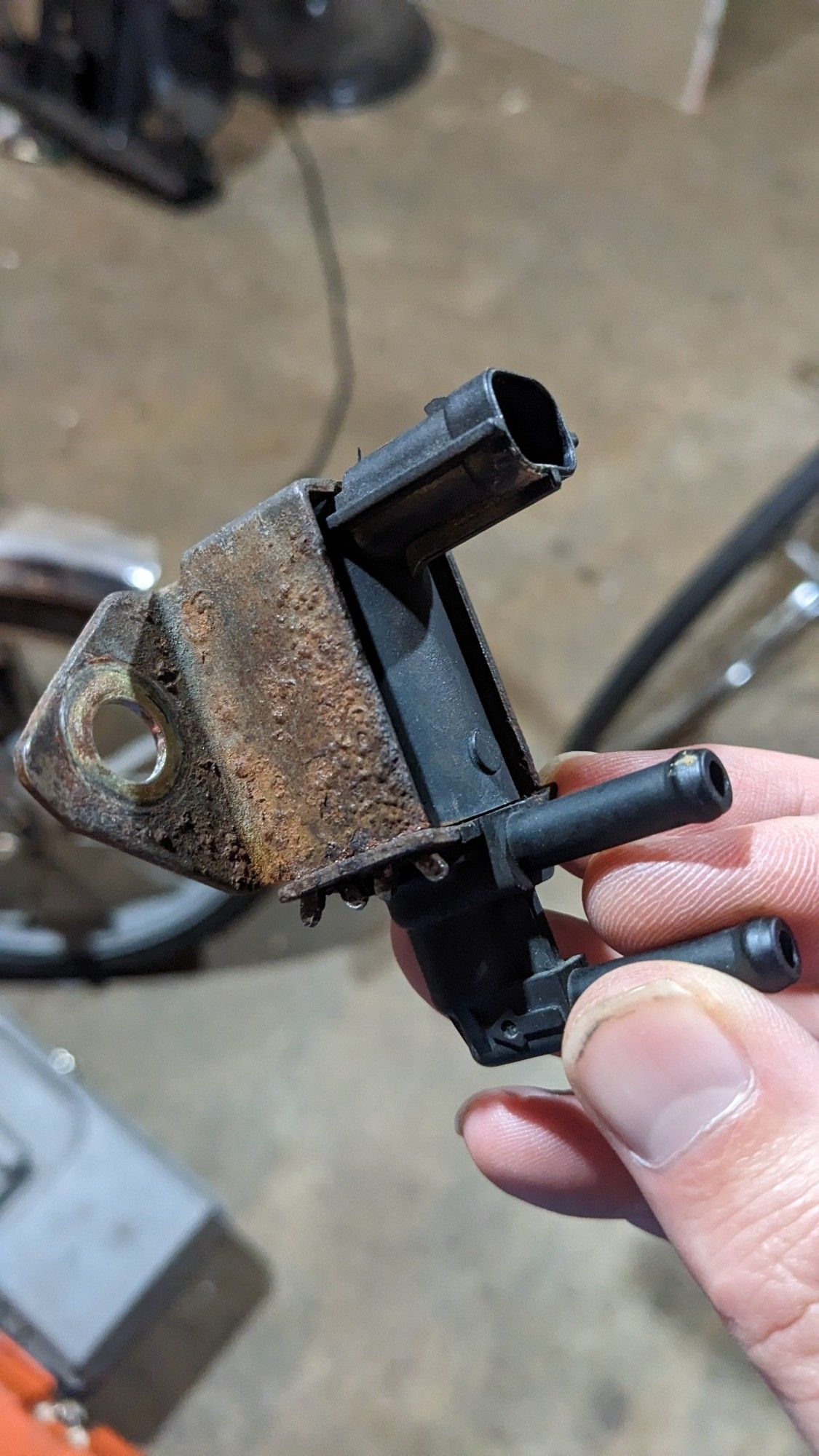 The rust-encrusted remains of a 20 year old evaporative system purge solenoid which I replaced. It had an intermittent leak that I've been chasing for literally years..