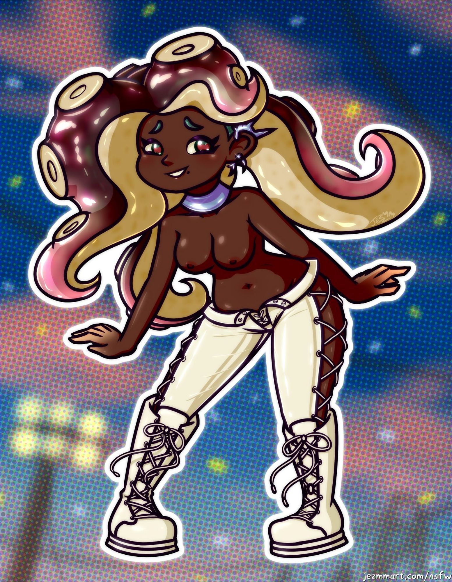 Not-safe-for-work cartoon pin-up illustration of Marina from Splatoon, in her Grand Festival outfit from Splatoon 3. She is not wearing her bikini, exposing her breasts. This version also omits her necklace.