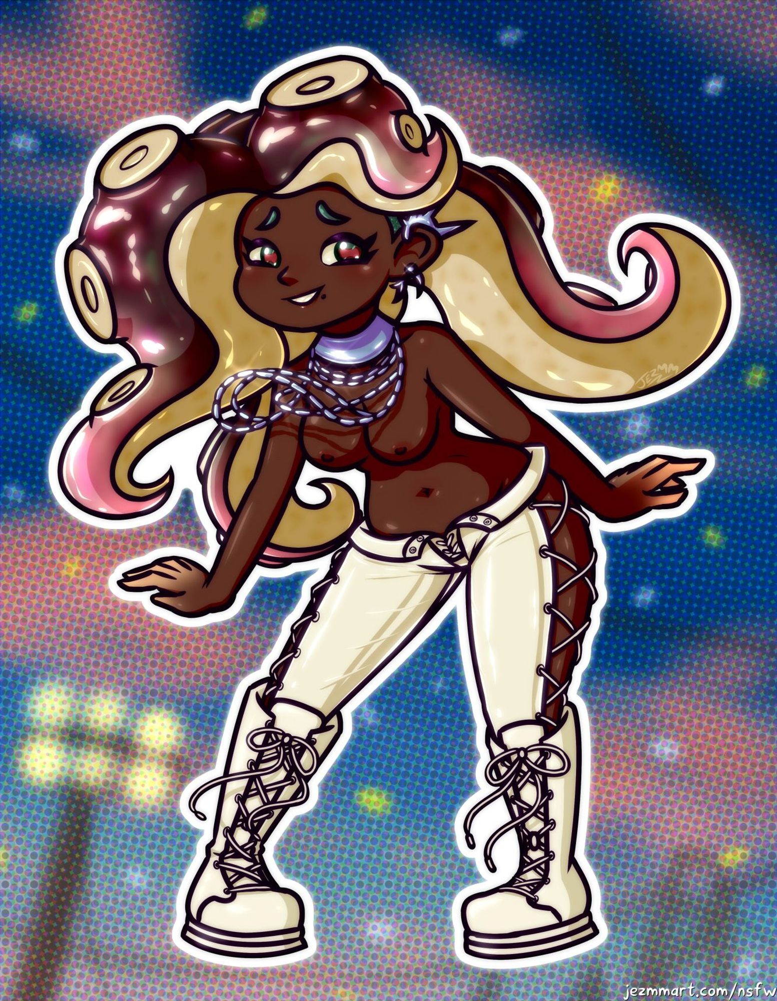 Not-safe-for-work cartoon pin-up illustration of Marina from Splatoon, in her Grand Festival outfit from Splatoon 3. She is not wearing her bikini, exposing her breasts.