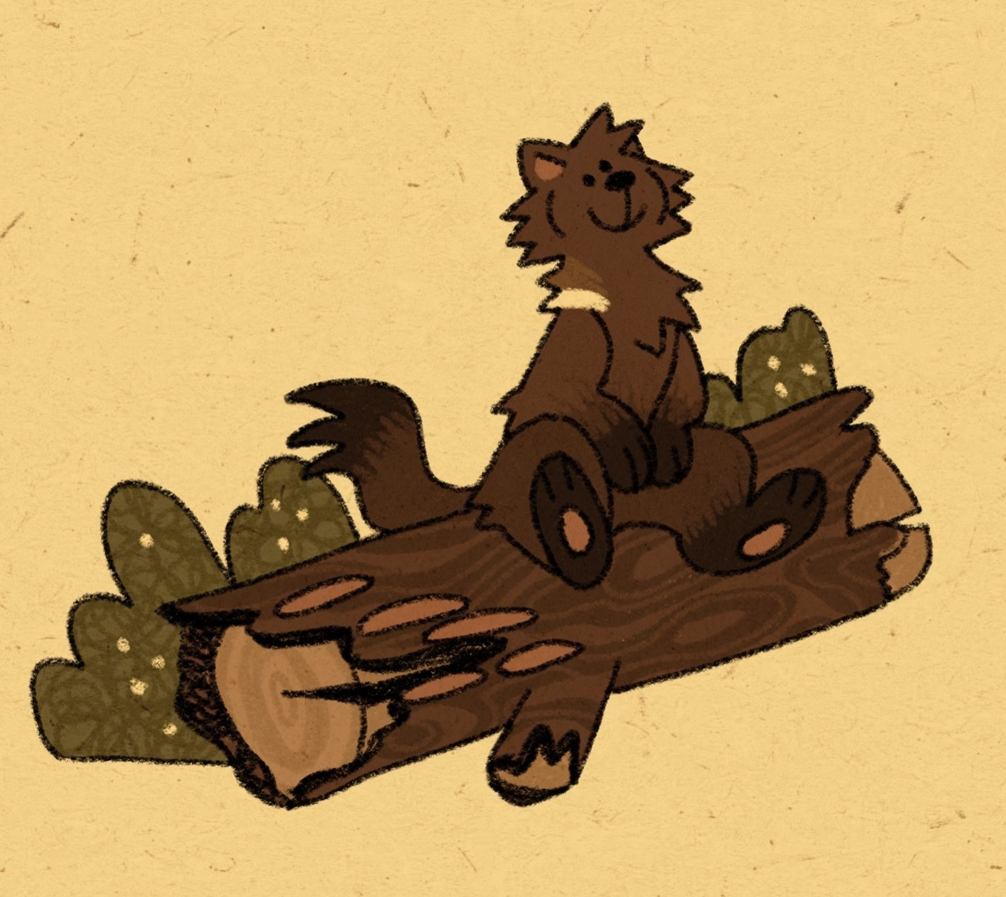 Taz sits on a log that's growing shelf fungus, with snowberry bushes behind it. He looks up at nothing in particular with a content smile