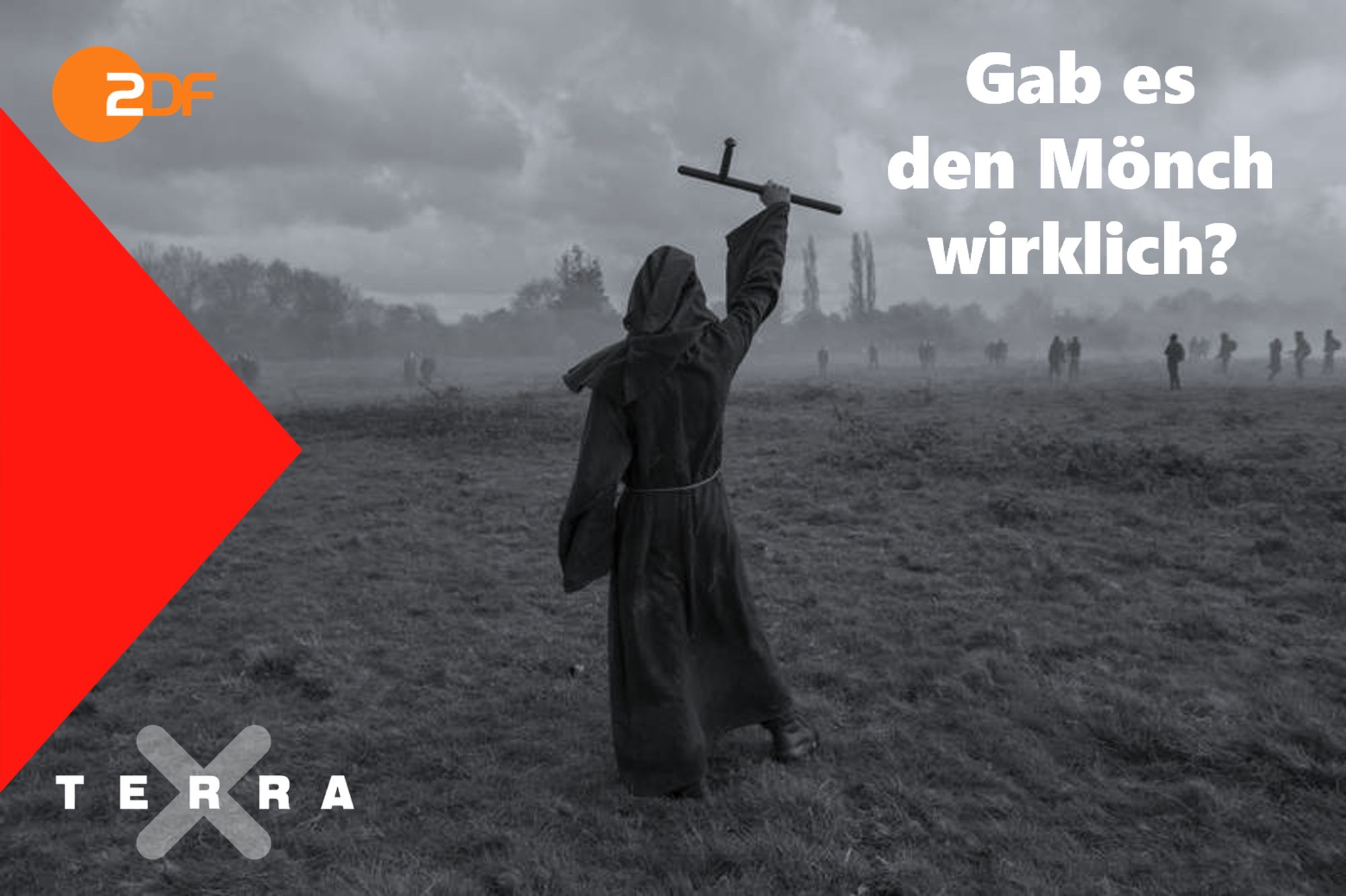 Bild vom Mönch von Lützerath in Schwarz-Weiß als Aufmachung für eine Doku im Design ähnlich dem von Terra X. Überschrift "Gab es den Mönch wirklich?"