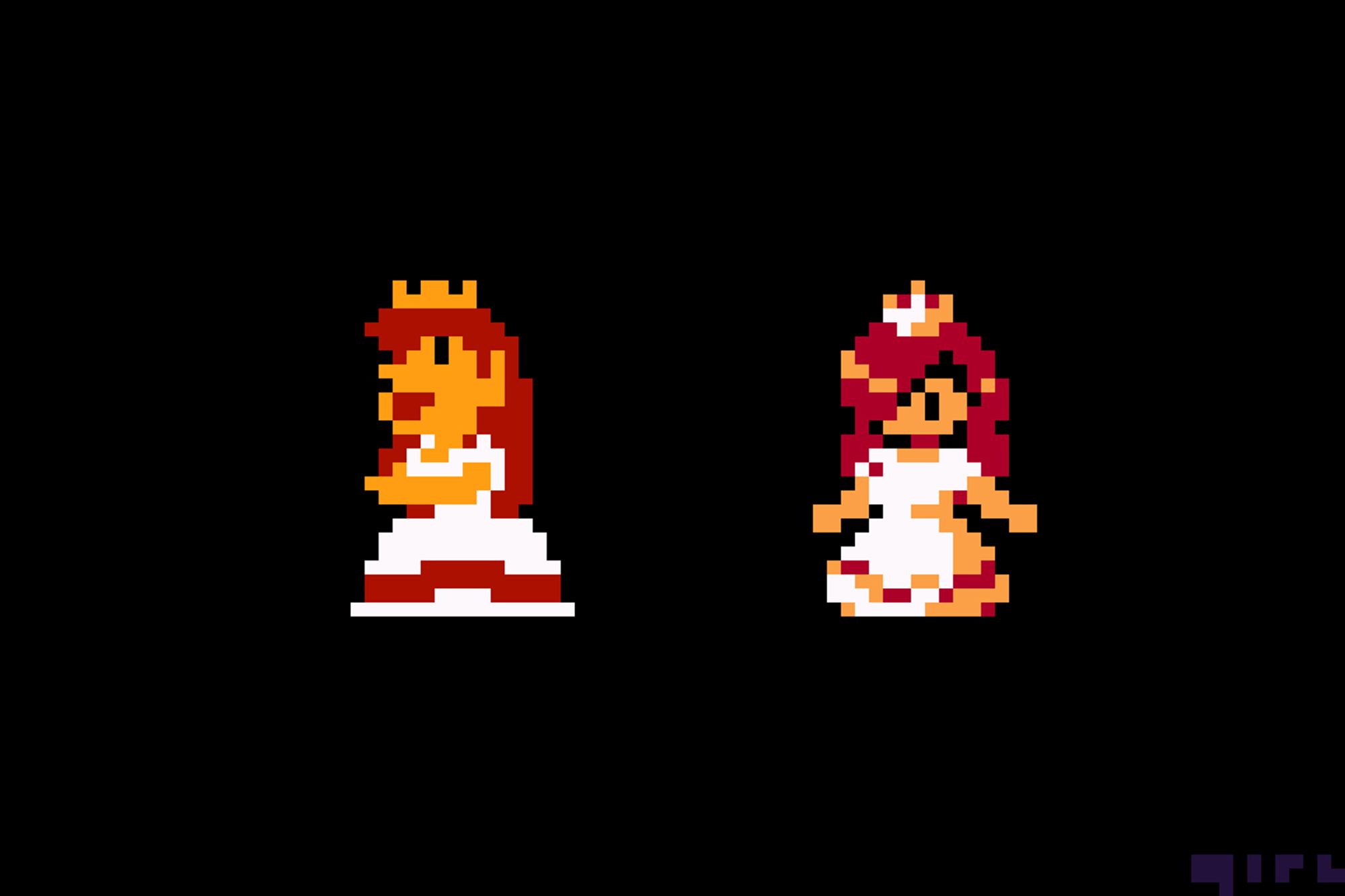 Another redraw of the 1985 Princess Toadstool sprite being compared with the og